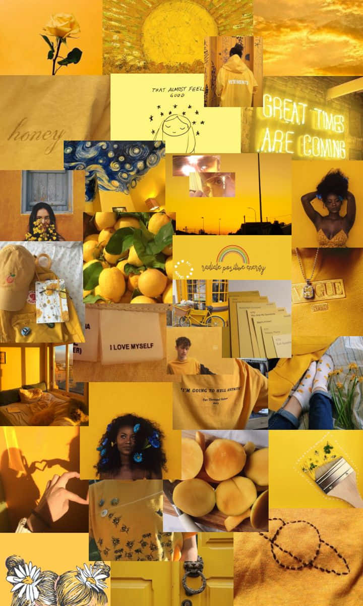 Yellow Aesthetic Collage 桌布 壁紙 — 一幅充滿活力的黃色調拼貼畫，包含檸檬、花朵、語錄和人物，營造溫馨舒適的燈光效果。