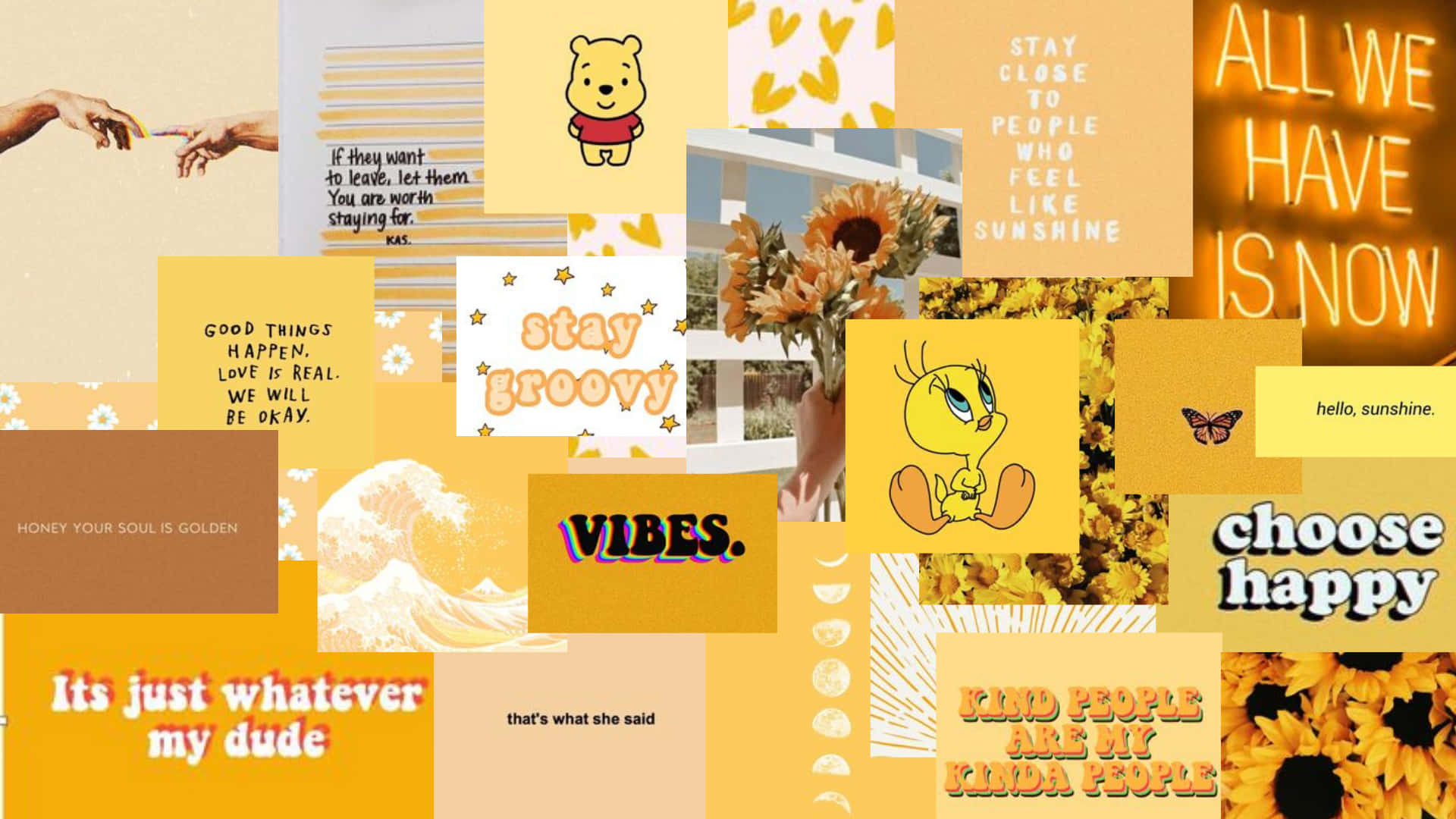 Aesthetic Yellow 桌布 壁紙 — 一幅充滿活力的黃色調拼貼畫，包含勵志名言、流行文化圖標和向日葵圖案，營造出振奮人心且歡樂的美感。