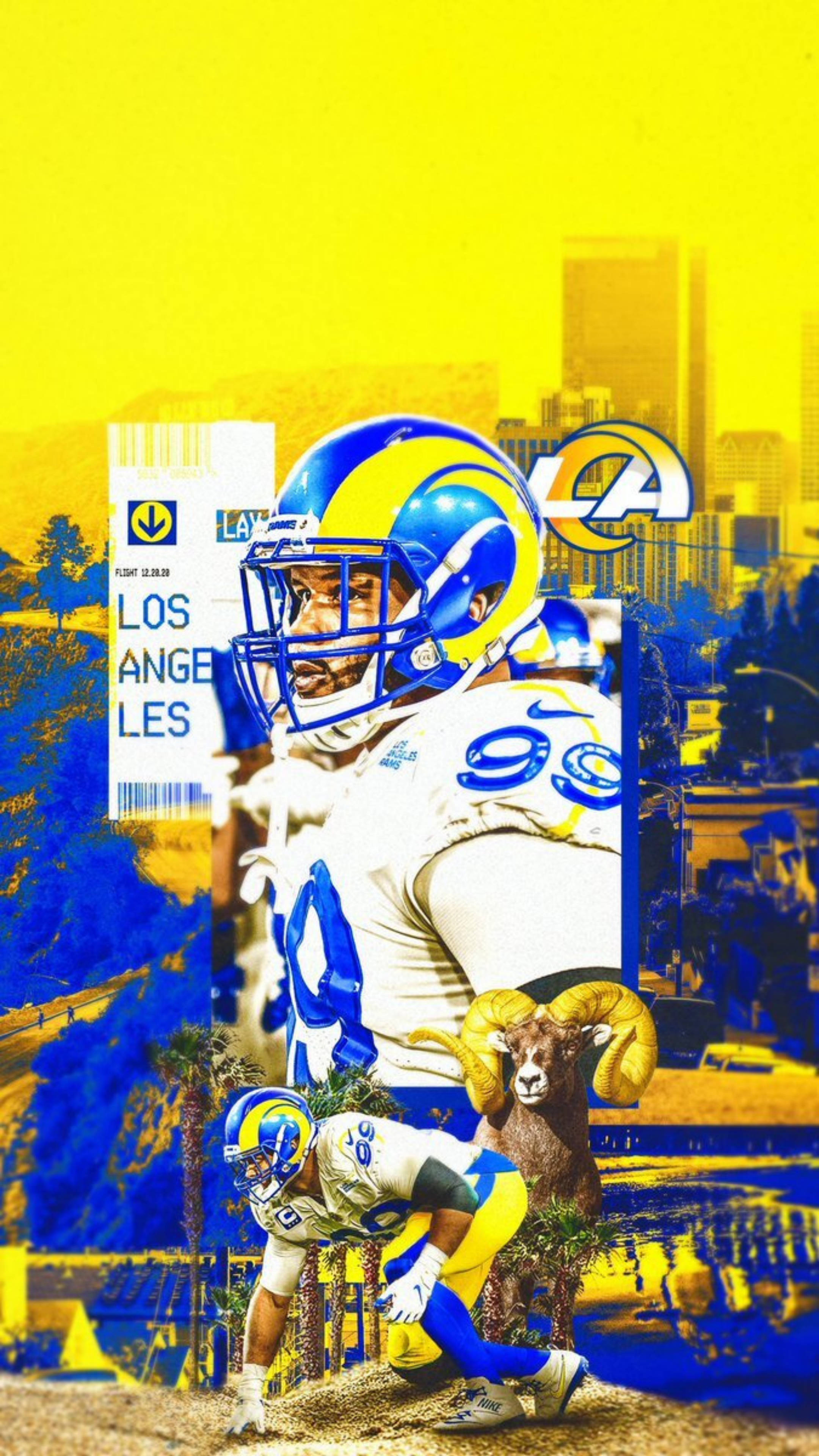 Rams 桌布 壁紙 — 一幅充滿活力的黃藍色洛杉磯公羊隊足球員拼貼畫，包含城市天際線和公羊吉祥物。