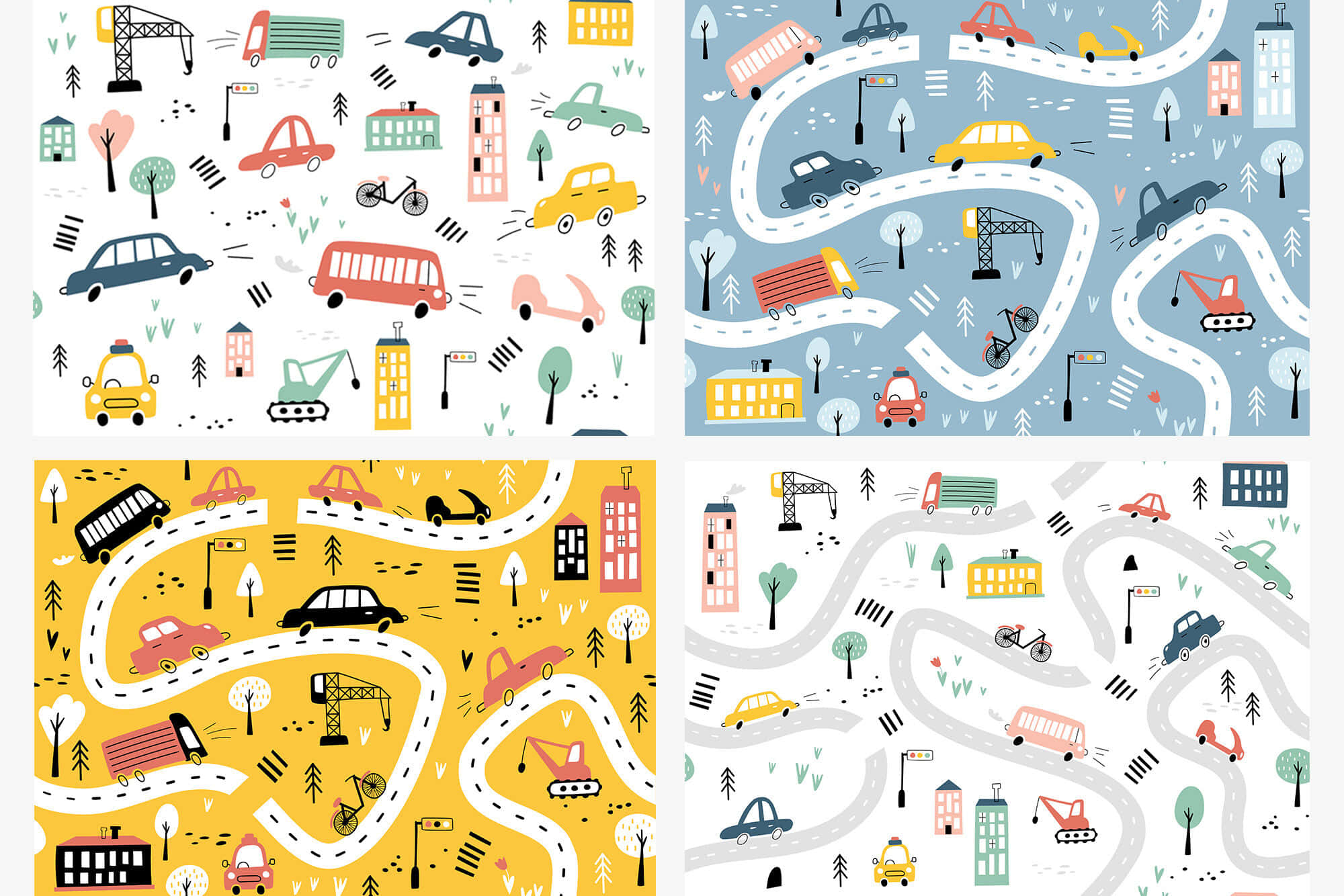 Car Pattern 桌布 壁紙 — 一幅充滿玩味的插圖風格壁紙，展示蜿蜒的道路、色彩繽紛的汽車、樹木和建築物，採用四種不同的柔和色調。