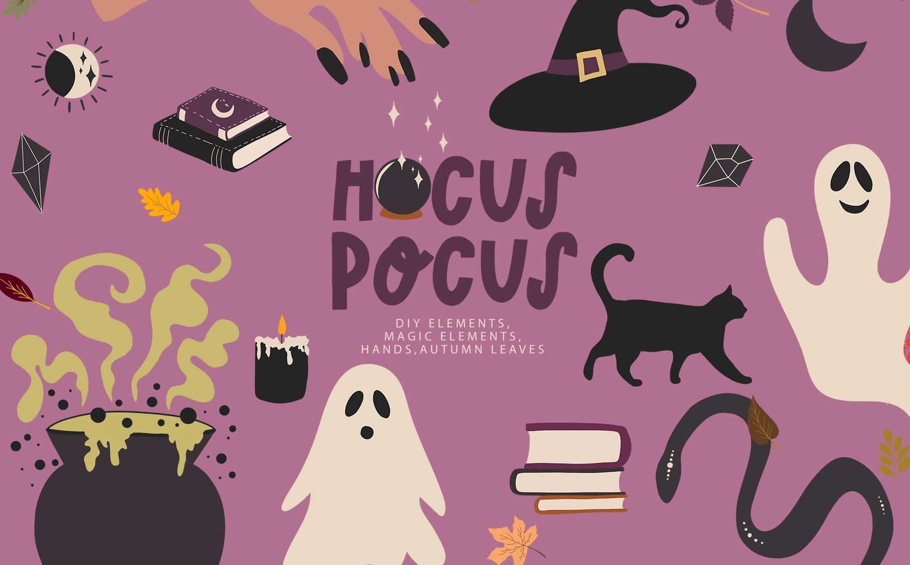 Hocus Pocus 桌布 壁紙 — 一幅充滿玩味的萬聖節插圖，以紫色背景襯托鬼魂、女巫、貓咪和秋葉。