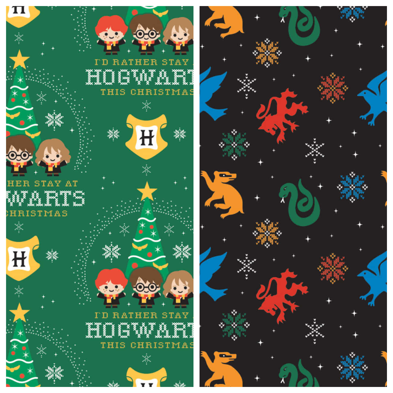 Christmas At Hogwarts 桌布 壁紙 — 一幅充滿節日氣氛的哈利波特聖誕桌布，以綠色和黑色背景搭配雪花的Q版角色和學院徽章。