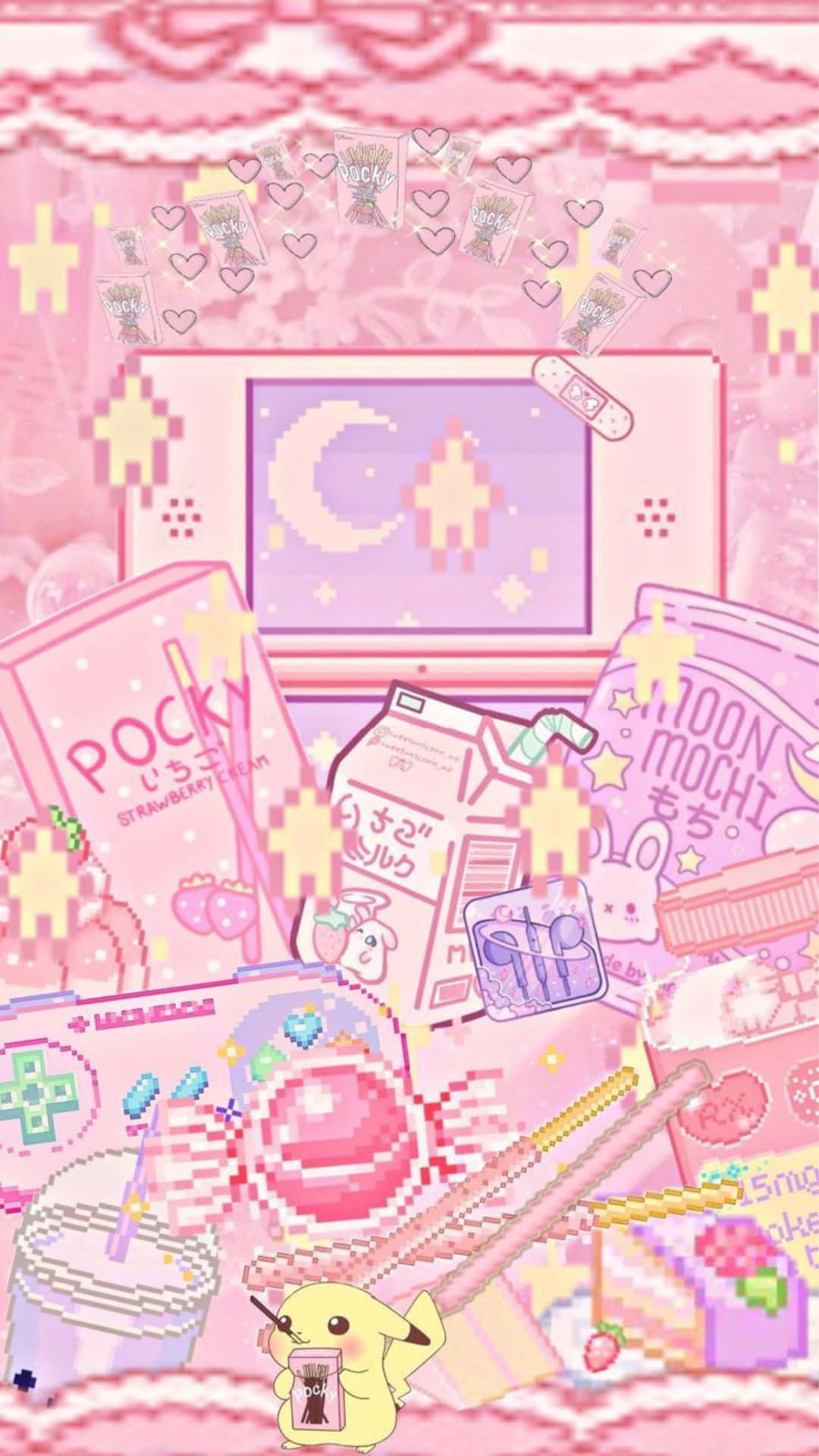 Kawaii Gaming 桌布 壁紙 — 一幅充滿粉紅色柔和色調零食和飲料，以及一隻拿著飲料的皮卡丘在月光下的螢幕前的像素藝術桌布。
