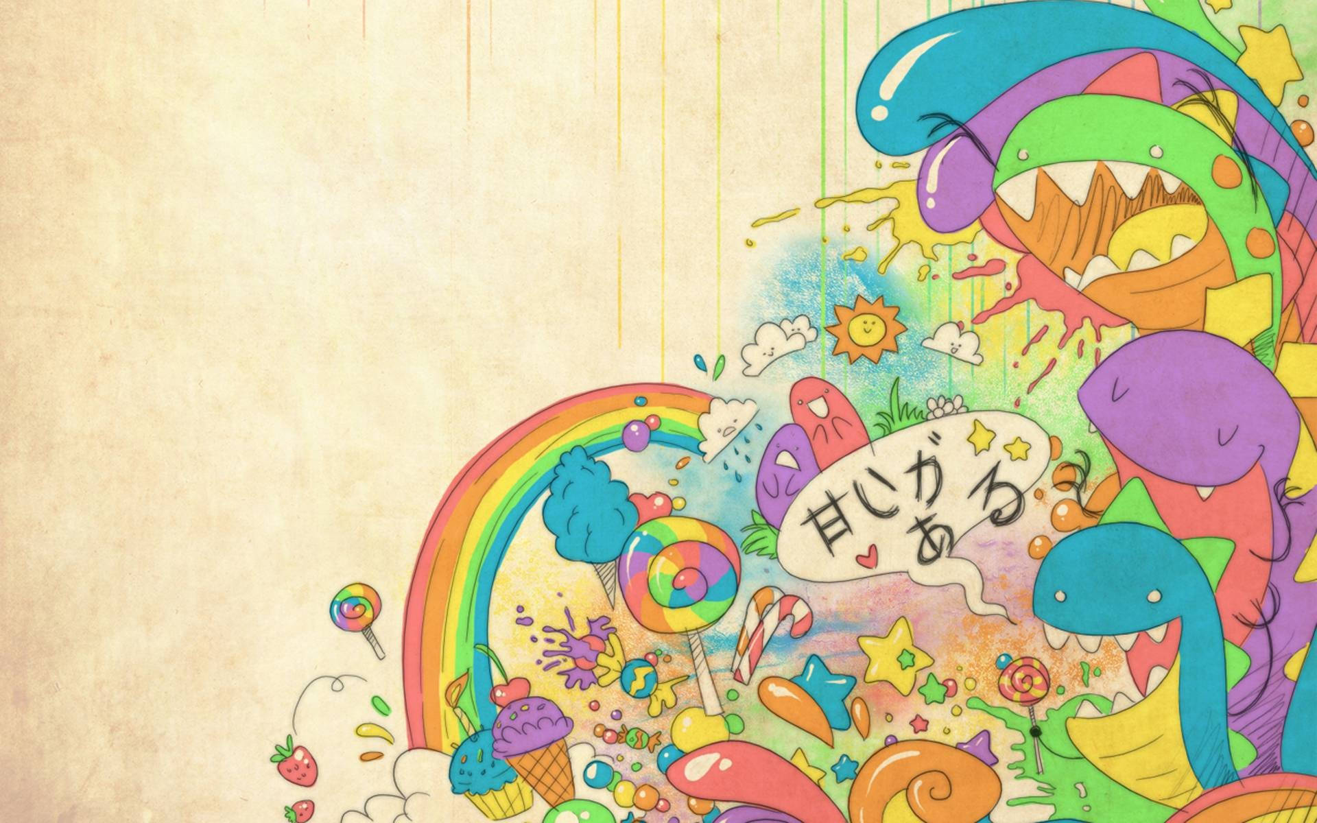 HD Cartoon 桌布 壁紙 — 一幅充滿糖果、彩虹、微笑怪物和日文字句的鮮豔卡通插圖，背景為帶紋理的米色。