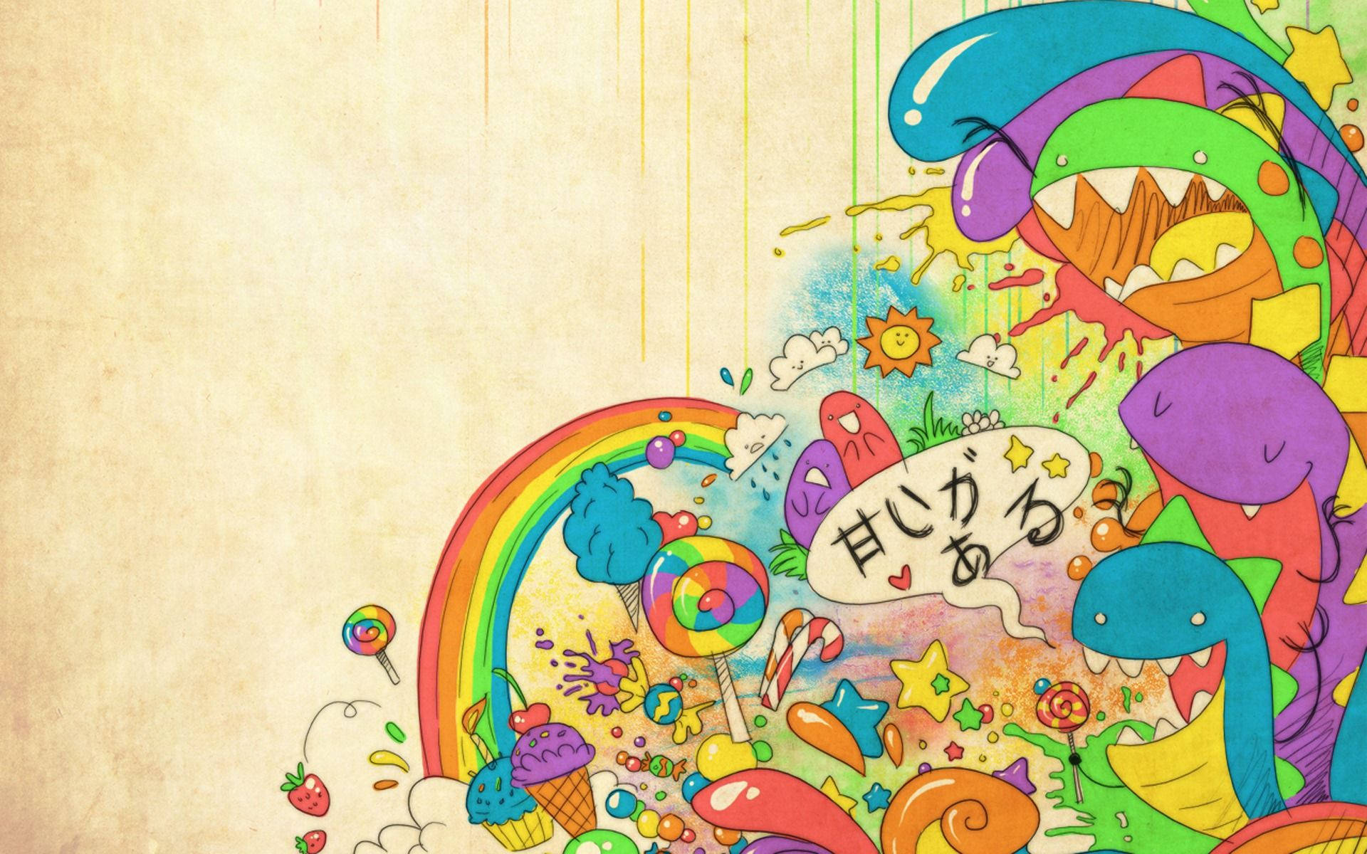 Cartoon 桌布 壁紙 — 一幅充滿糖果、彩虹、微笑怪獸和日文字句的鮮豔卡通插圖，背景為帶紋理的米色。