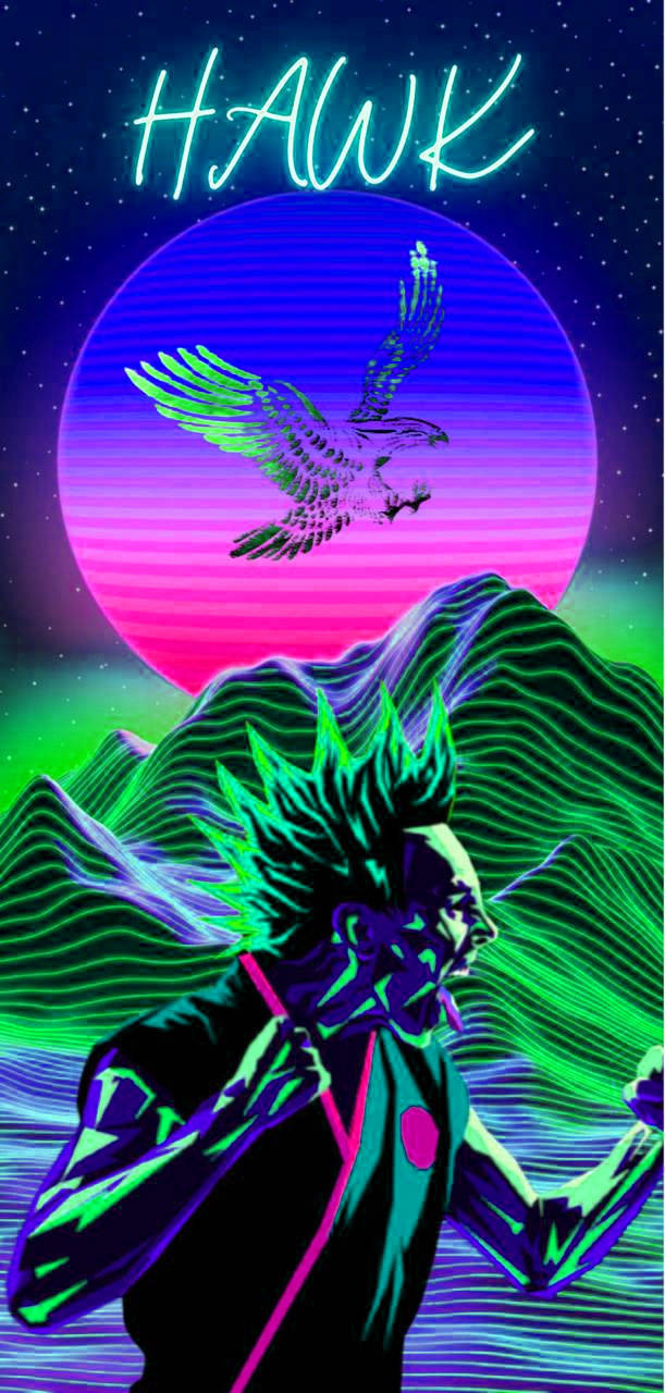 Cobra Kai Phone 桌布 壁紙 — 一幅充滿霓虹色彩的數位藝術作品，描繪了一個頭髮尖尖的人物仰望天空，一隻鷹在發光的粉藍漸變太陽前翱翔，背景是繁星點點的夜空。