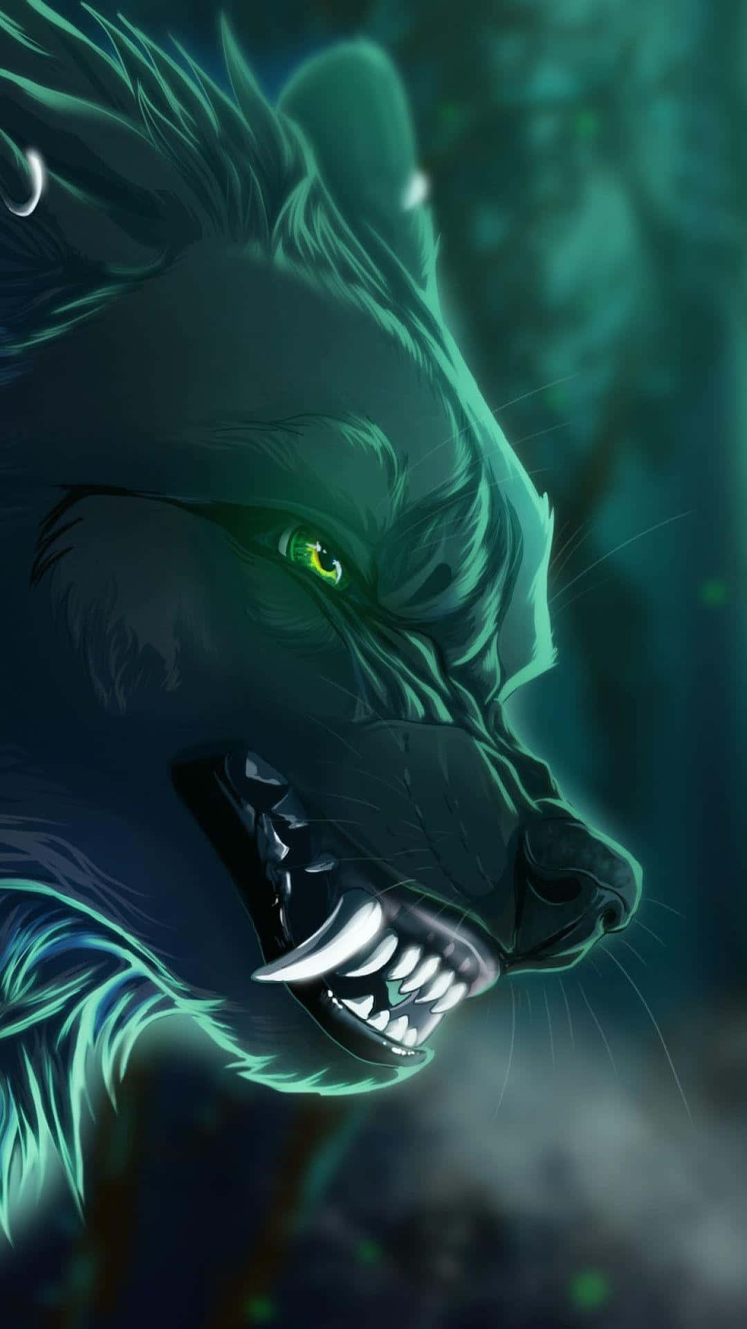 Angry Wolf 桌布 壁紙 — 一幅兇猛的數位插圖，描繪一隻在黑暗森林背景下齜牙咧嘴的狼，擁有發光的綠色眼睛和以霓虹青綠色勾勒的毛髮。
