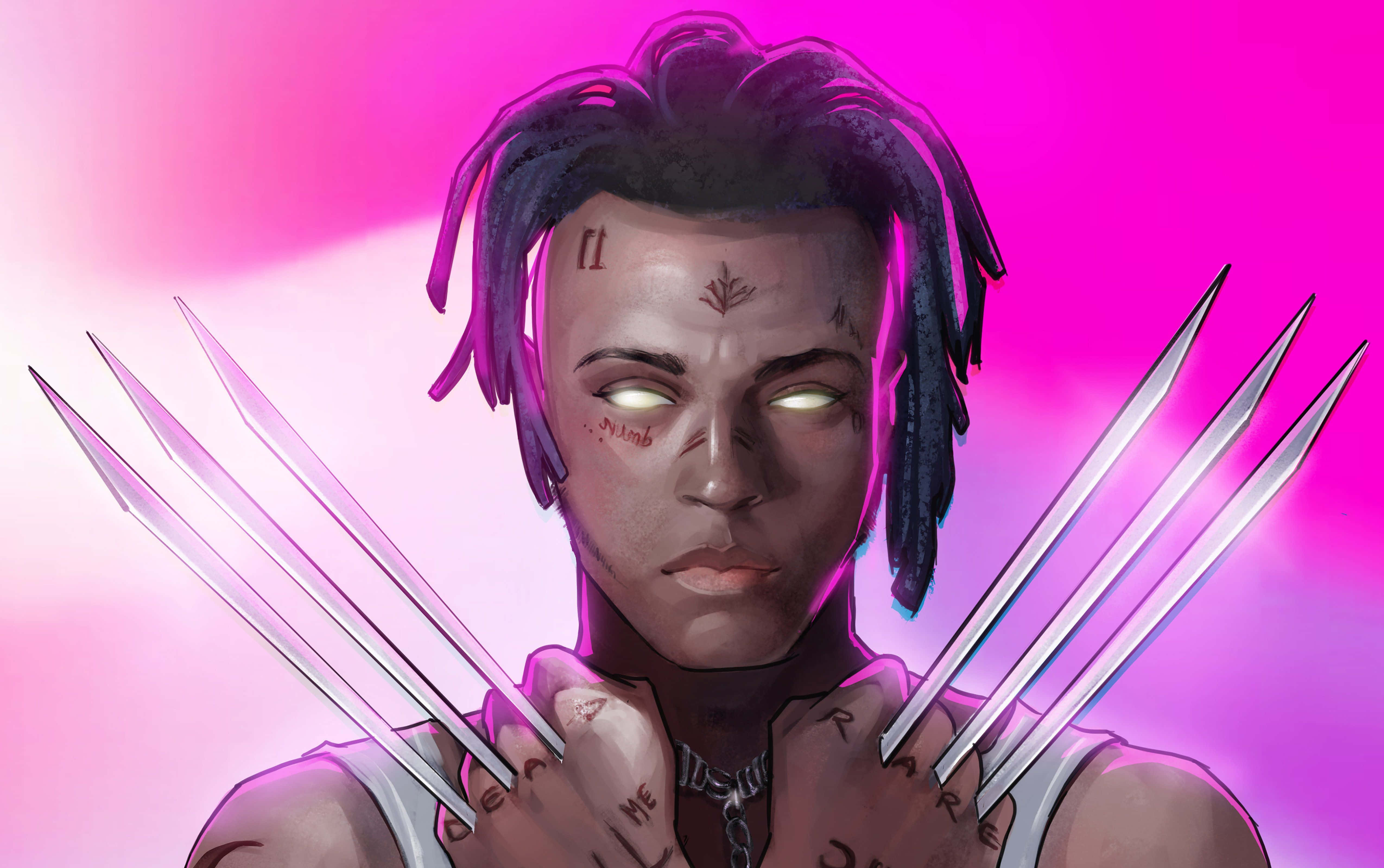 XXXTENTACION 桌布 壁紙 — 一幅兇猛的數位肖像，描繪一個擁有發光眼睛和亞德曼金屬爪的變種人，背景是充滿活力的粉紅色漸層。