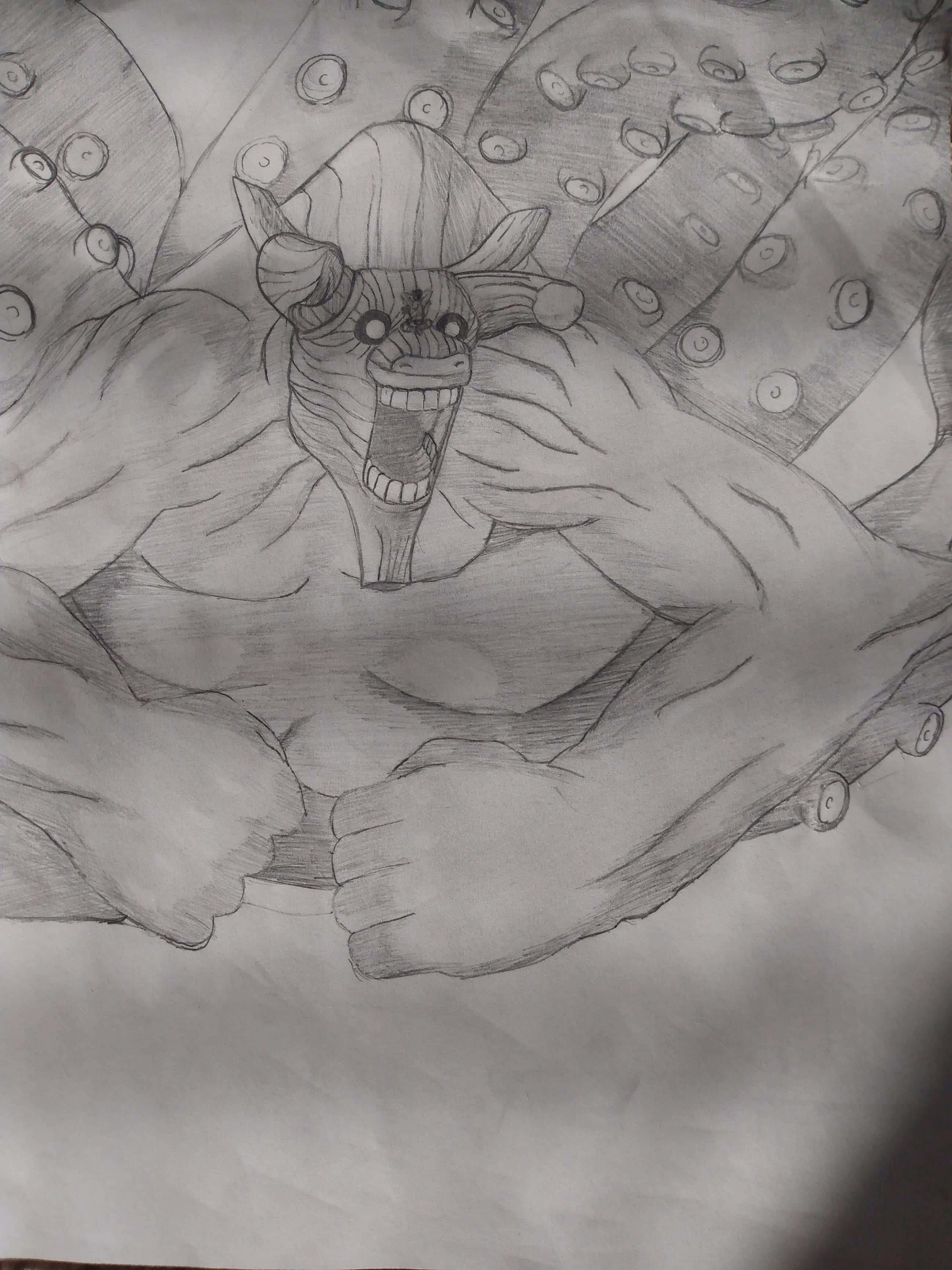 Gyuki 桌布 壁紙 — 一幅兇猛的鉛筆素描，描繪一個肌肉發達、長有角並咧嘴大笑的怪物，周圍環繞著帶有圓形圖案的觸手狀附肢。