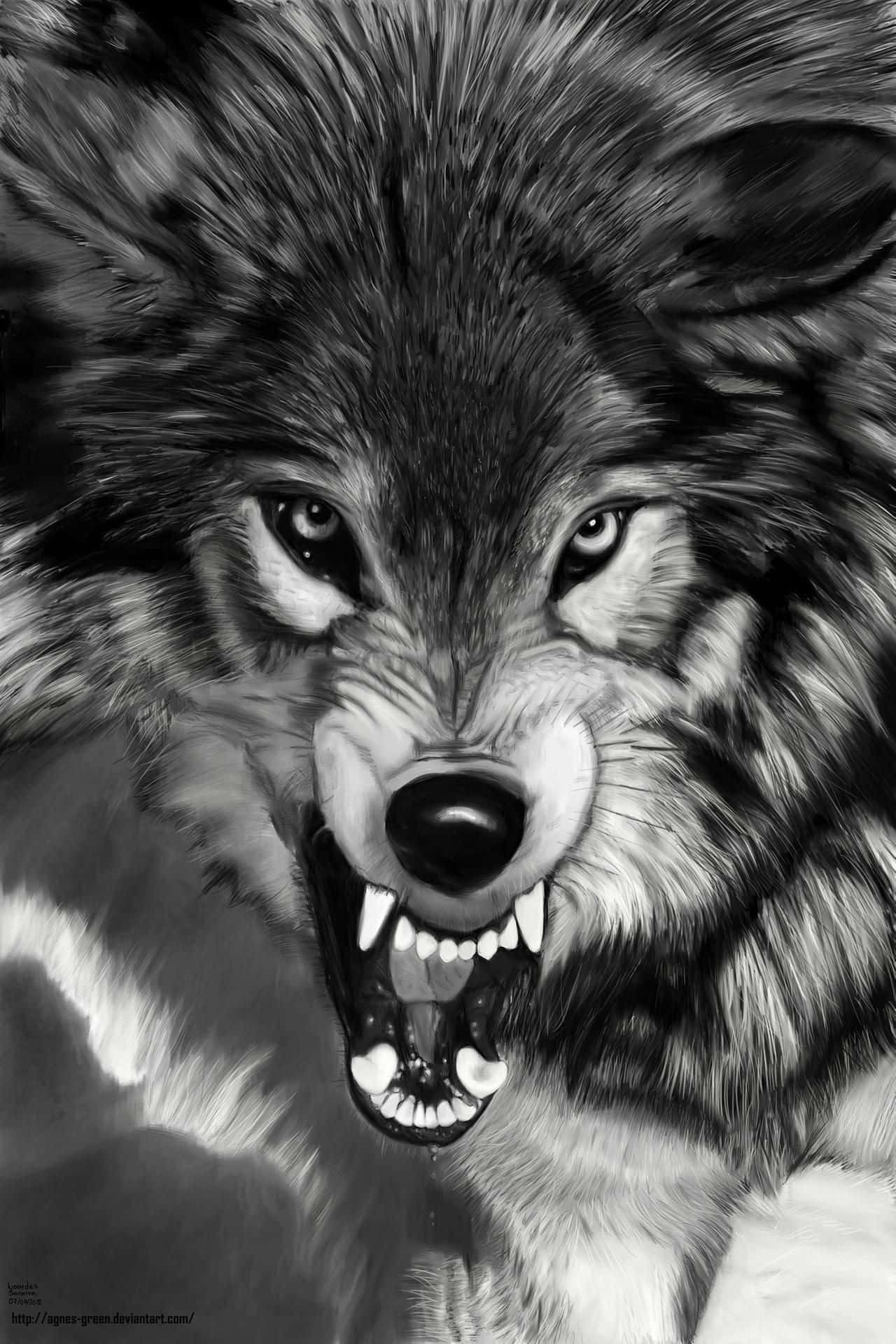 Angry Wolf 桌布 壁紙 — 一幅兇猛的黑白插圖，描繪一隻齜牙咧嘴、眼神銳利的咆哮狼。