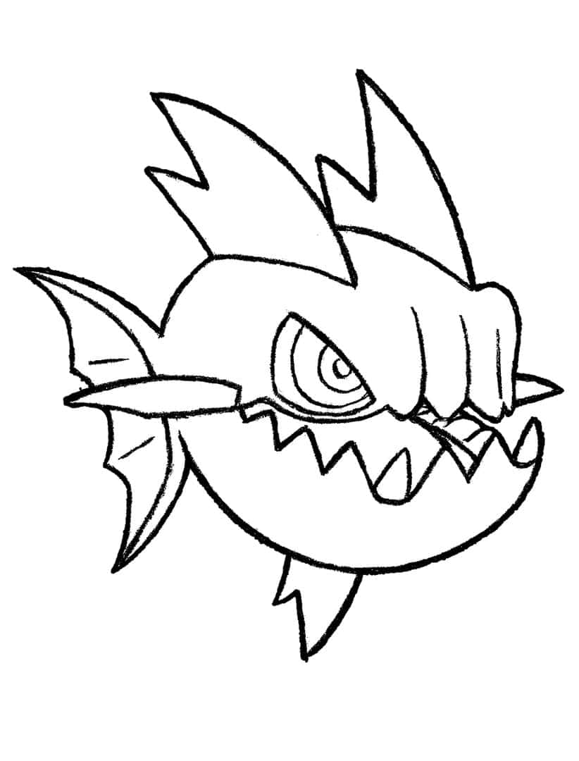 Pokemon Aesthetic 桌布 壁紙 — 一幅兇猛的黑白線條畫，描繪一條卡通魚，擁有鋒利的牙齒和尖刺狀的鰭。