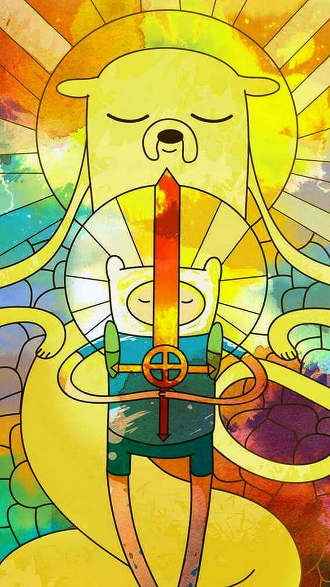Cartoon 桌布 壁紙 — 一幅光彩奪目的彩繪玻璃風格插圖，描繪《探險活寶》中的芬恩和傑克在充滿活力的太陽爆發背景下手持發光劍。