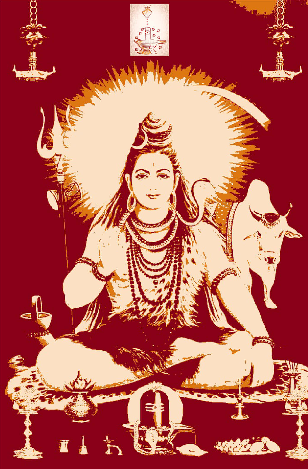 Hinduism 桌布 壁紙 — 一幅光芒四射的插圖，描繪了濕婆神盤腿而坐，旁邊有一頭公牛，手持三叉戟，背景為深紅色。
