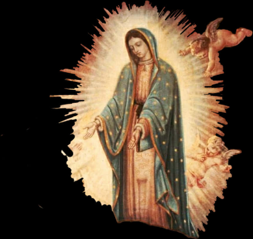 Virgin Mary 桌布 壁紙 — 一幅光芒四射的聖母瑪利亞畫像，身穿帶金色飾邊的藍色星斗斗篷，兩側有天使小天使，背景為深色。
