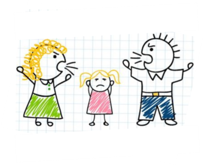 Clip Art 桌布 壁紙 — 一幅兒童用蠟筆在方格紙上畫的畫，顯示媽媽、爸爸和孩子互相憤怒地大喊大叫。
