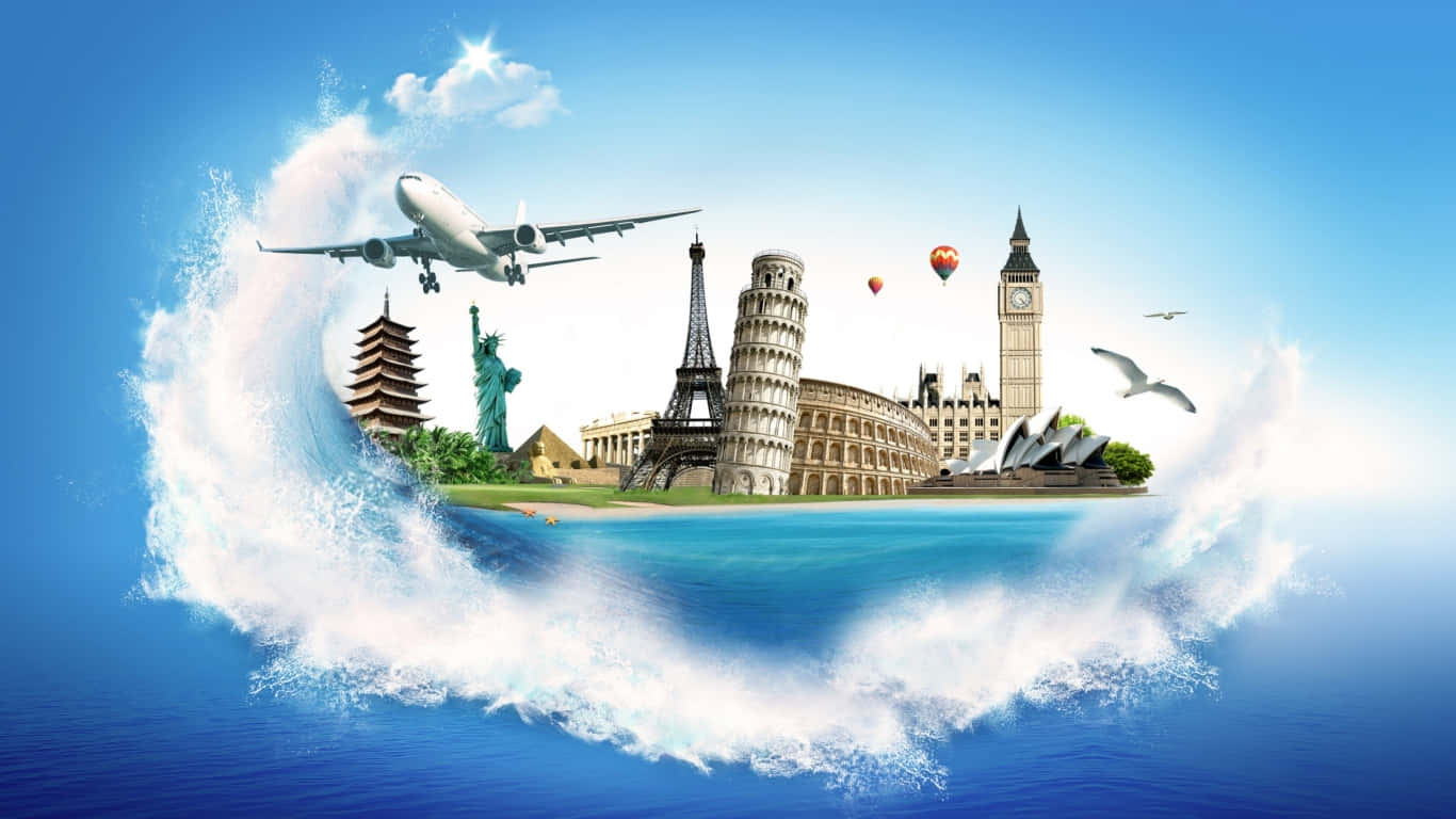 Tourism 桌布 壁紙 — 一幅全球旅行拼貼畫，描繪艾菲爾鐵塔和自由女神像等標誌性地標從破碎的海浪中浮現，背景是明亮的藍天。
