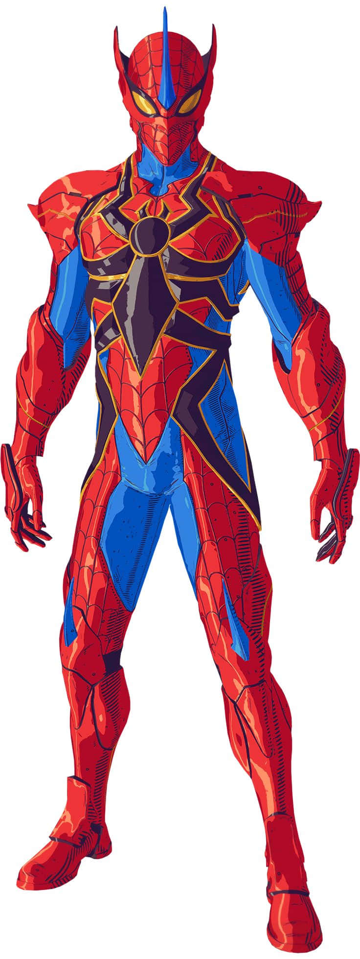 Arachnid 桌布 壁紙 — 一幅全身插圖，描繪身穿紅藍裝甲的蜘蛛人，黃色眼睛發光，自信地站立。