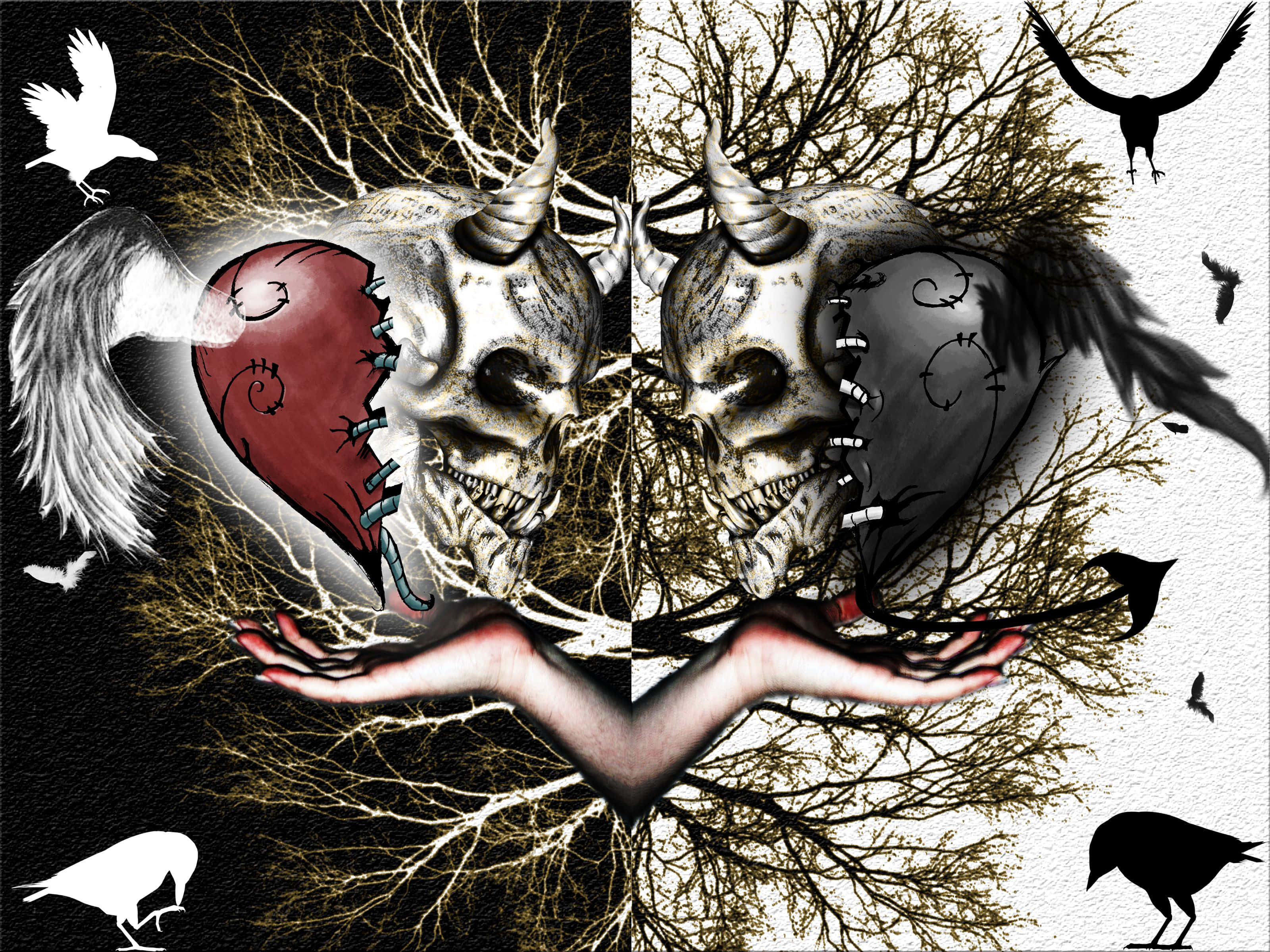 Dark Love 桌布 壁紙 — 一幅分割插圖顯示一個惡魔頭骨在黑暗背景中抱著一個縫合的紅色心臟，背景有白色鳥兒和光禿禿的樹枝。