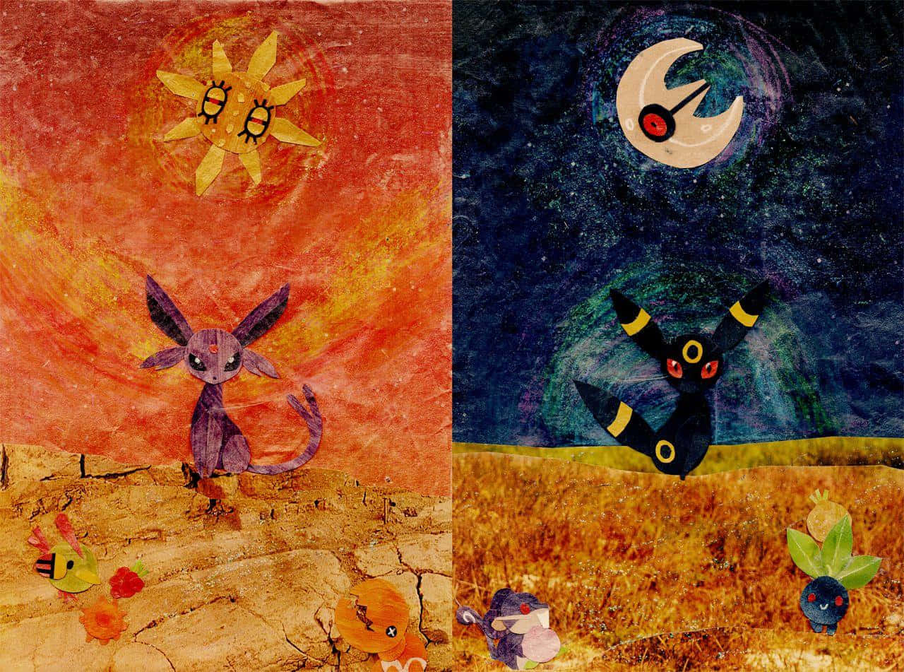 espeon 桌布 壁紙 — 一幅分割藝術作品顯示伊布在微笑太陽下於龜裂大地，以及月亮伊布在彎月與星星下。