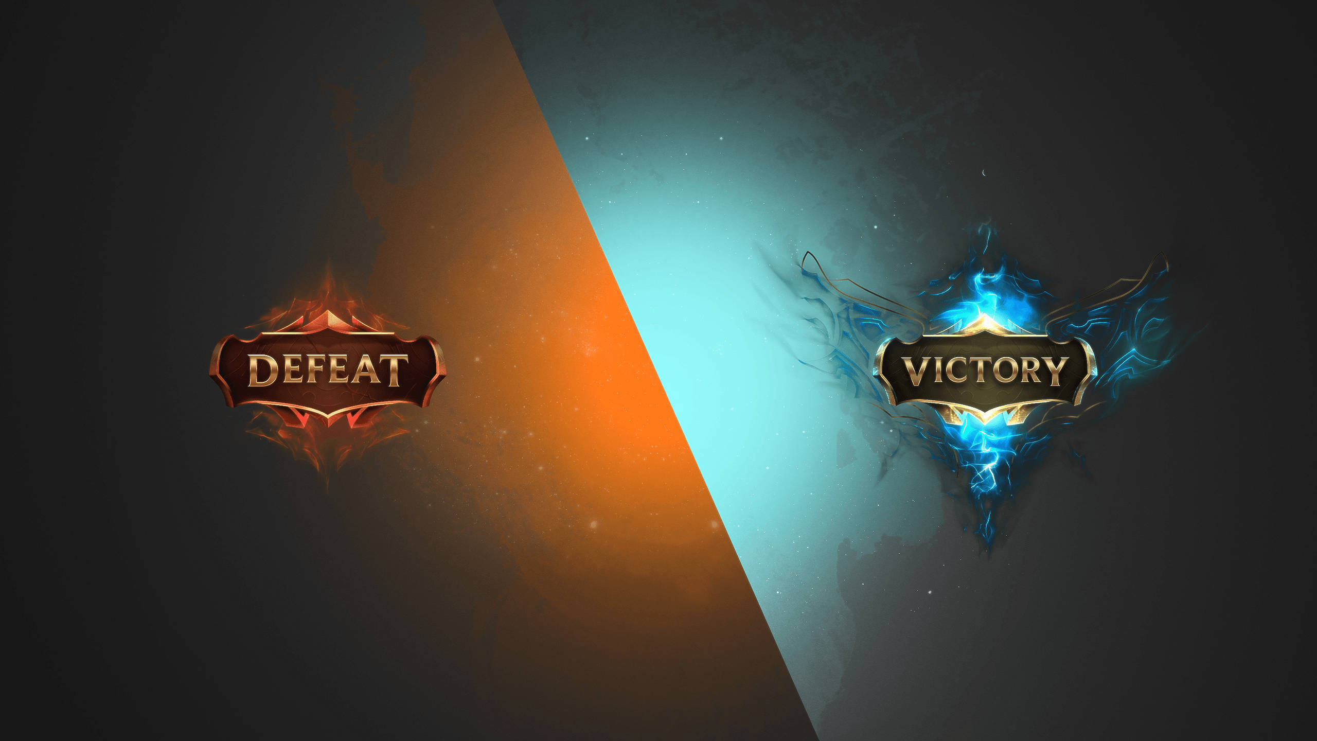 Victory 桌布 壁紙 — 一幅分屏數位藝術作品，左側是熾熱的「DEFEAT」，右側是冰冷的「VICTORY」，背景為深色。
