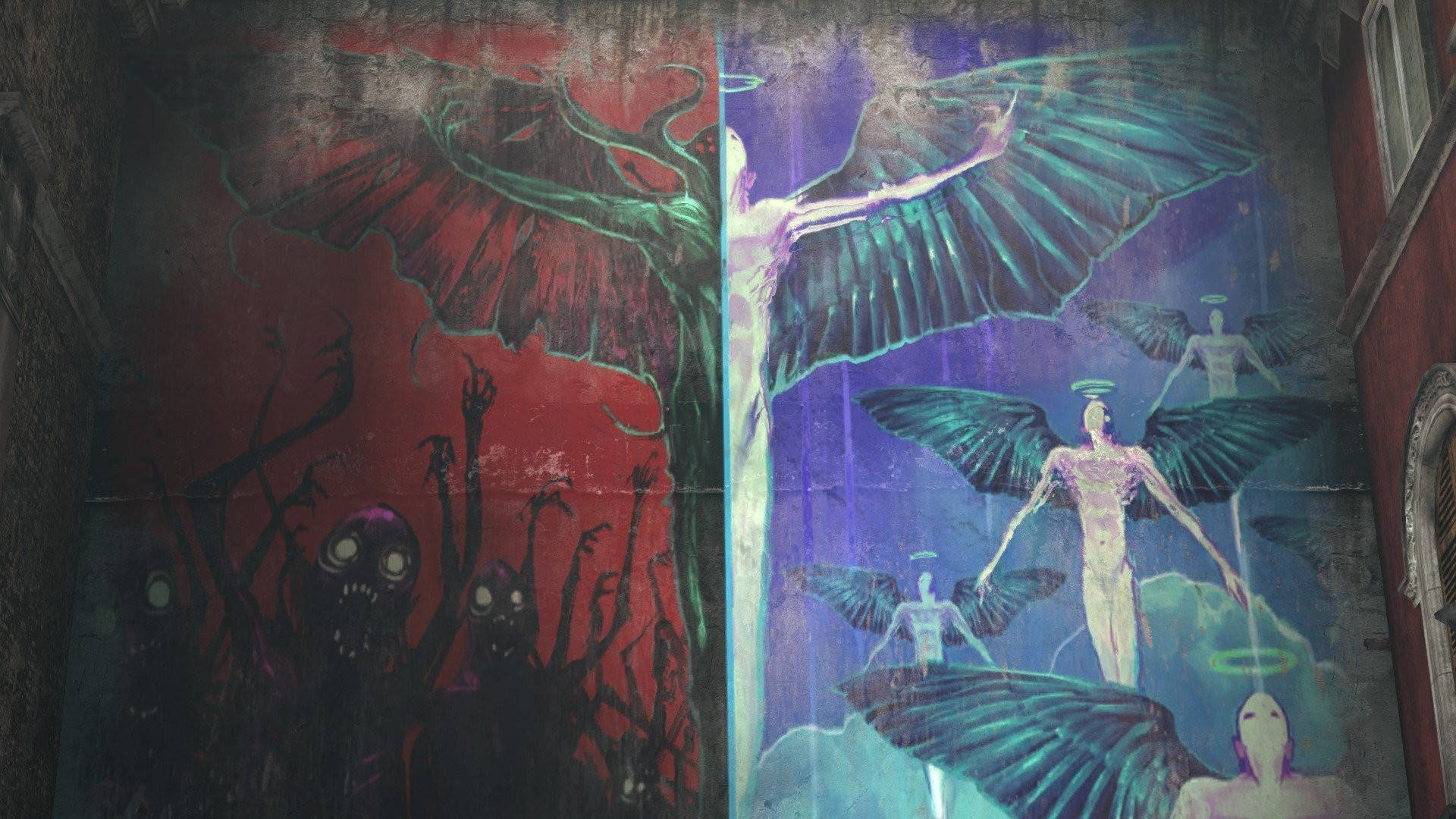 angels 桌布 壁紙 — 一幅分裂的壁畫描繪了惡魔般的紅色混亂與天使般的藍色寧靜在風化的城市牆上。