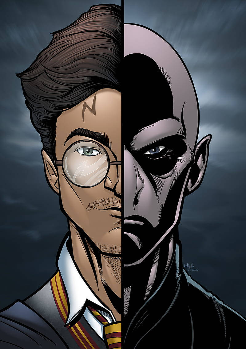 voldemort 桌布 壁紙 — 一幅分裂肖像，哈利波特與佛地魔在暴風雨的天空下對峙。