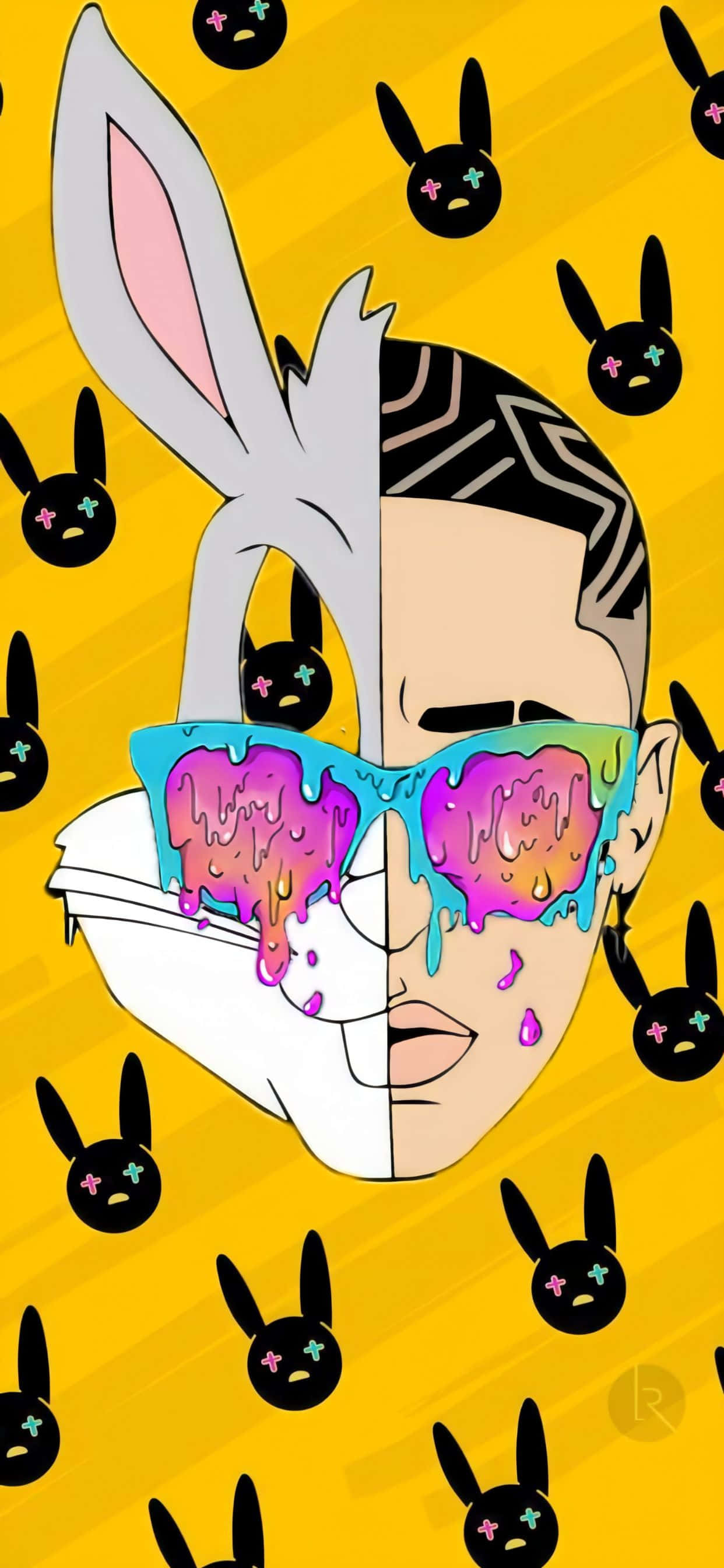 1242x2688 桌布 壁紙 — 一幅分面插圖，描繪一個人和一隻兔子戴著融化彩虹太陽眼鏡，背景為黃色，帶有黑色兔子圖標。
