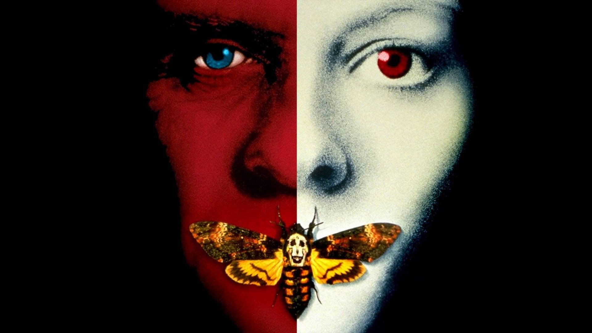 silence 桌布 壁紙 — 一幅分面肖像，一邊紅色一邊蒼白，每隻眼睛發出不同的光芒，下方中央有一隻骷髏頭蛾。