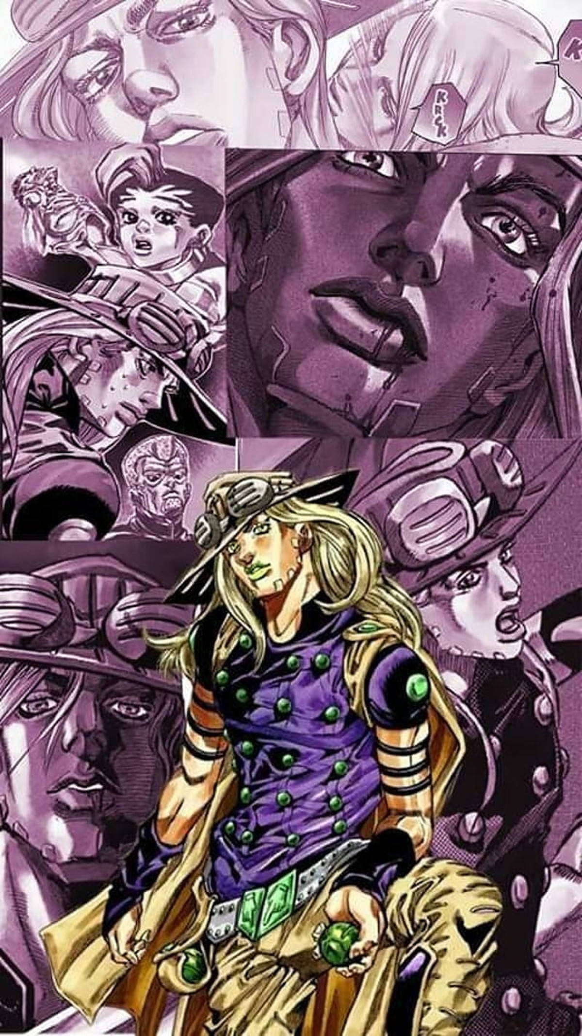 Gyro Zeppeli 桌布 壁紙 — 一幅動感動漫拼貼畫，中央有一位金髮角色穿著紫色和金色服飾，周圍是其他角色在單色紫色調中的強烈特寫。