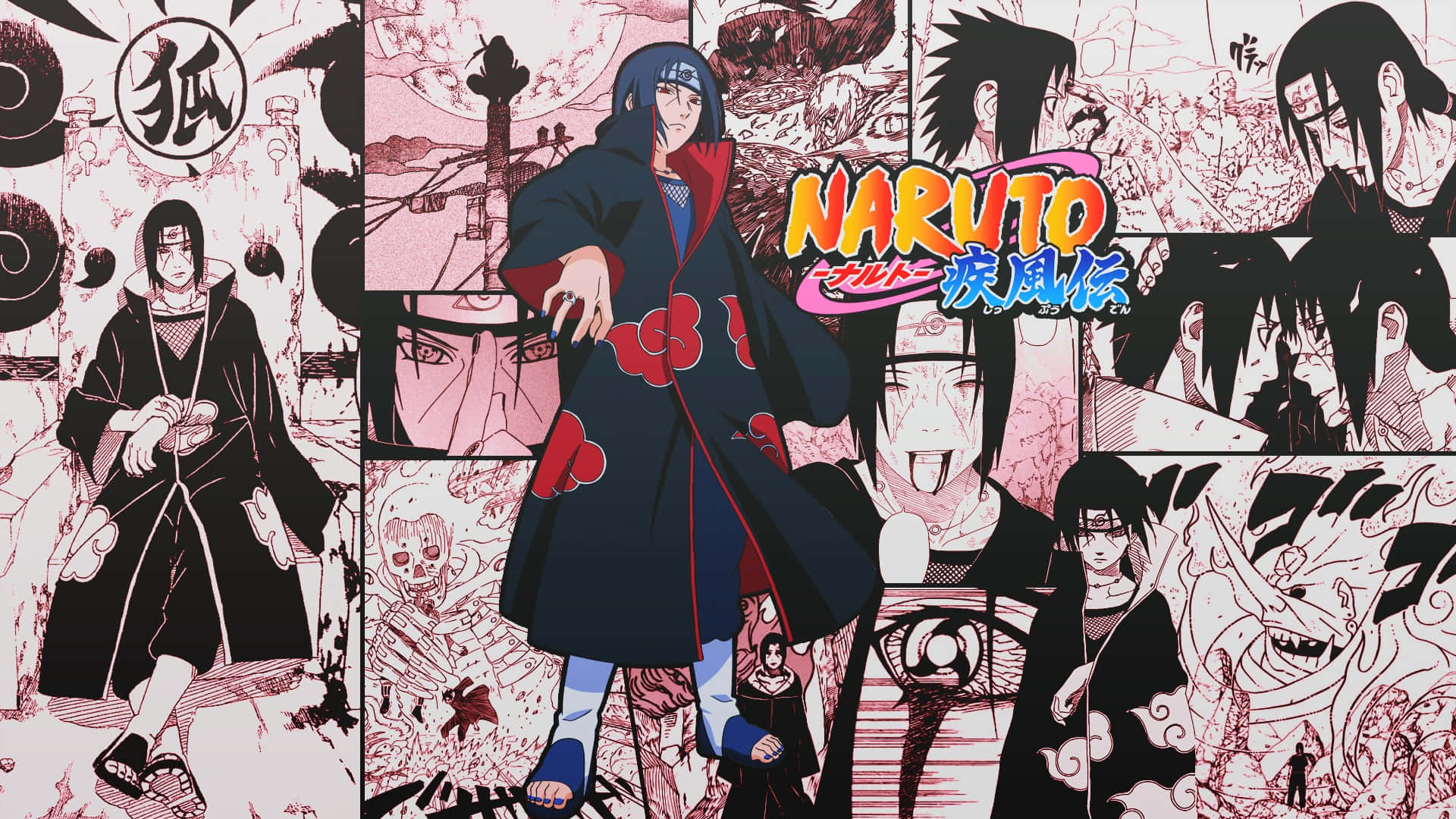 Naruto Itachi 桌布 壁紙 — 一幅動感動漫拼貼畫，以紅色和黑色漫畫面板展示火影忍者角色的戲劇性姿勢。