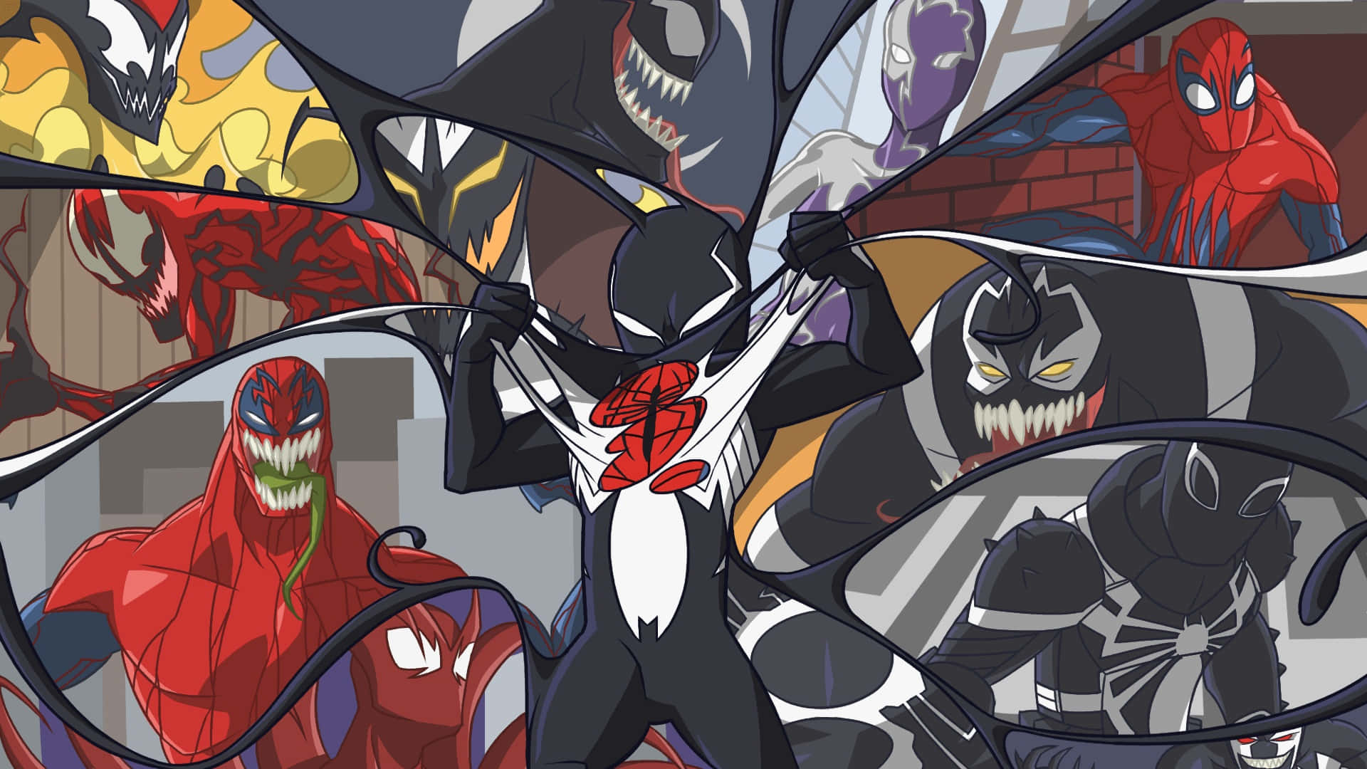 Venom Comic Book 桌布 壁紙 — 一幅動感動漫風格拼貼畫，展示猛毒和蜘蛛人的多種變體，採用大膽的紅色、黑色和黃色色調。