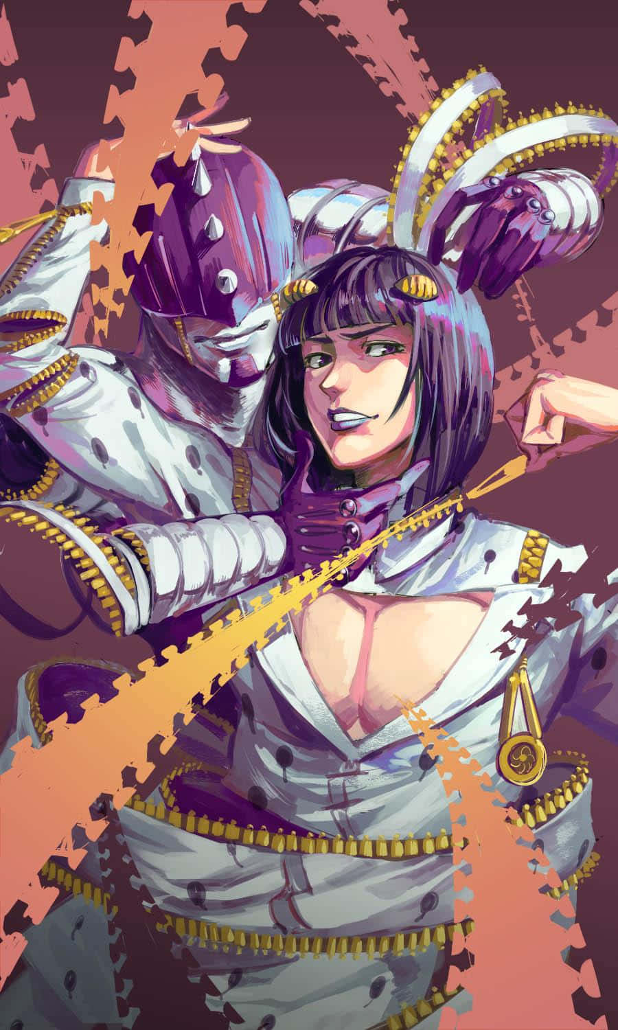 Bruno Bucciarati 桌布 壁紙 — 一幅動感動漫風格插圖，描繪一位紫髮女性身穿華麗白金色盔甲，身後有一位戴面具的同伴。