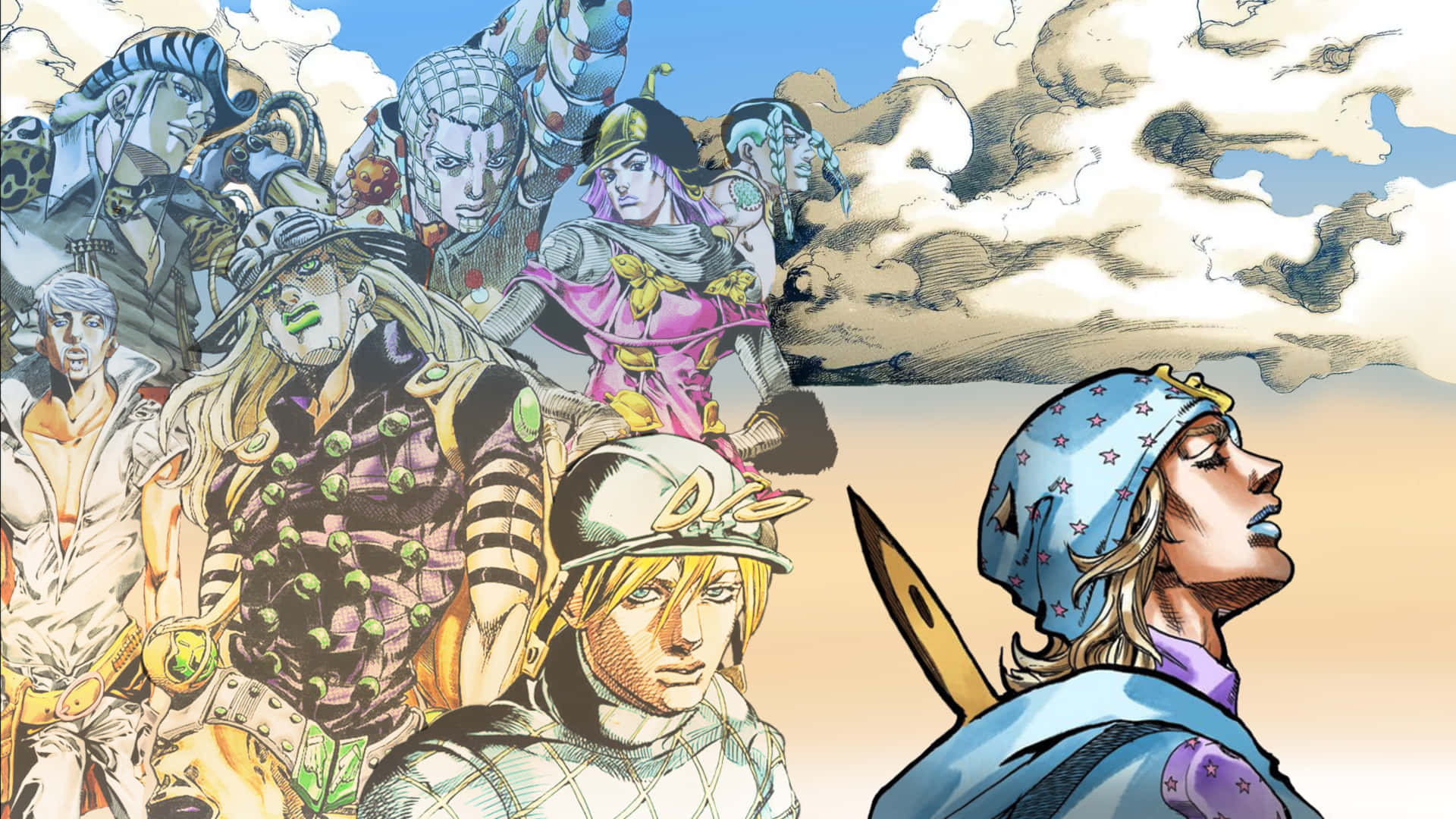 Jojo Steel Ball Run 桌布 壁紙 — 一幅動感動畫插圖，描繪一群風格化的角色，以粗線條和鮮豔色彩在陰雲密布的天空下呈現。