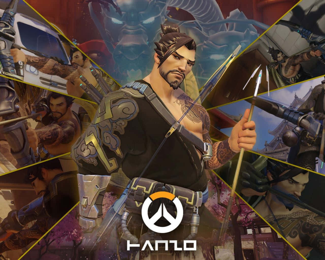 Overwatch Hanzo 桌布 壁紙 — 一幅動感十足的《鬥陣特攻》角色拼貼畫，角色擺出戰鬥姿勢，色彩鮮豔，線條銳利。