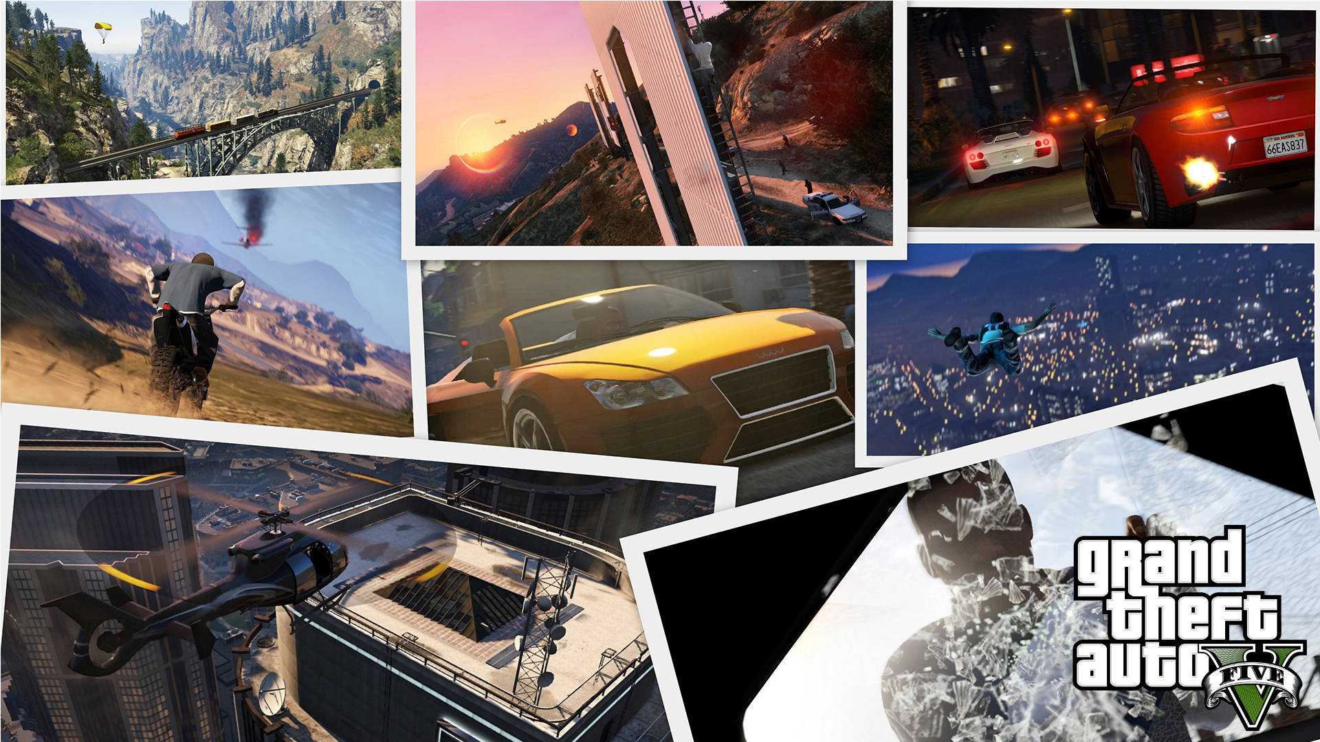 v 桌布 壁紙 — 一幅動感十足的Grand Theft Auto V場景拼貼畫，包含汽車、直升機和角色，背景為日落時分的城市和山區。