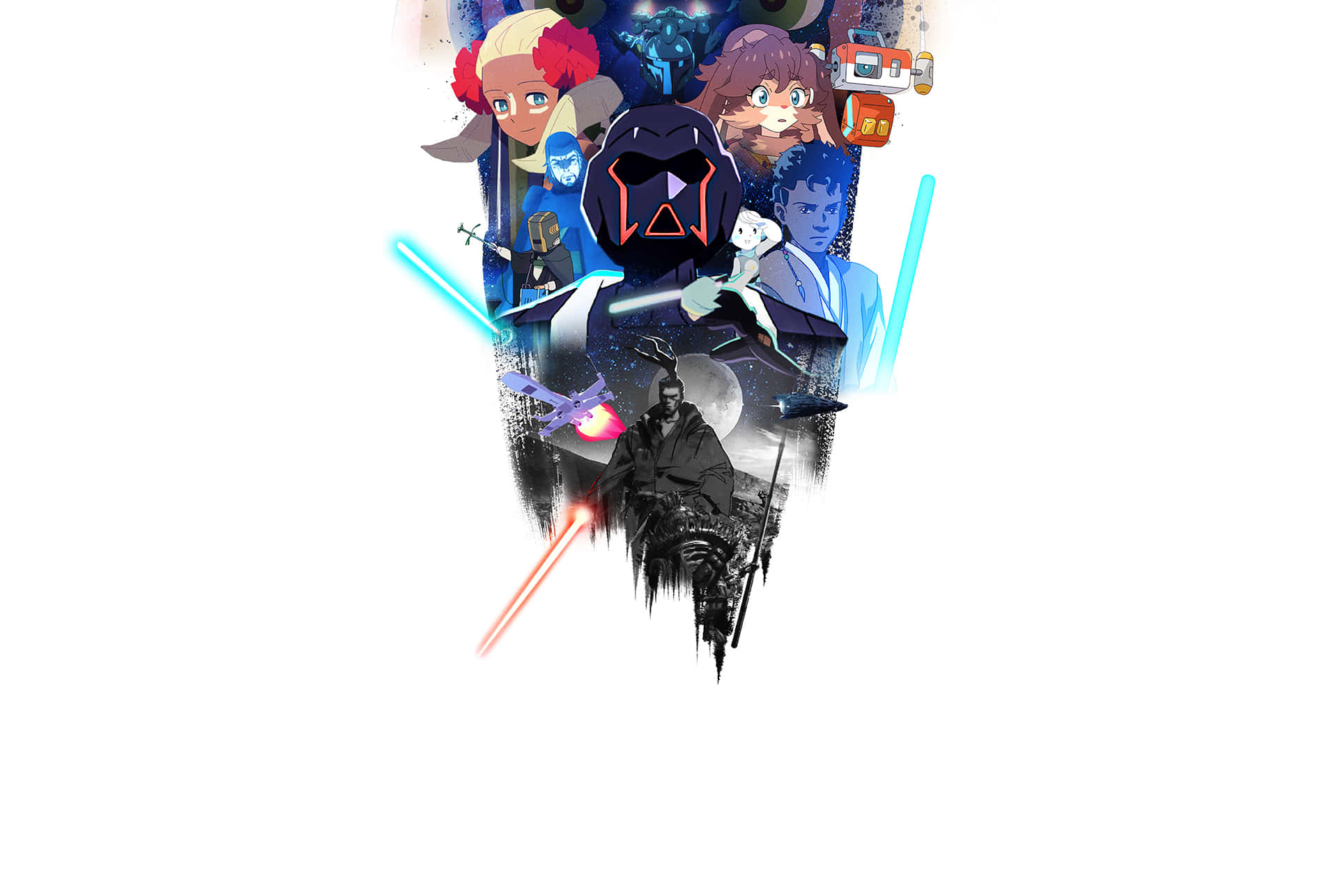 fiction 桌布 壁紙 — 一幅動感十足的動漫拼貼畫，以宇宙為背景，描繪標誌性角色揮舞著發光的光劍。
