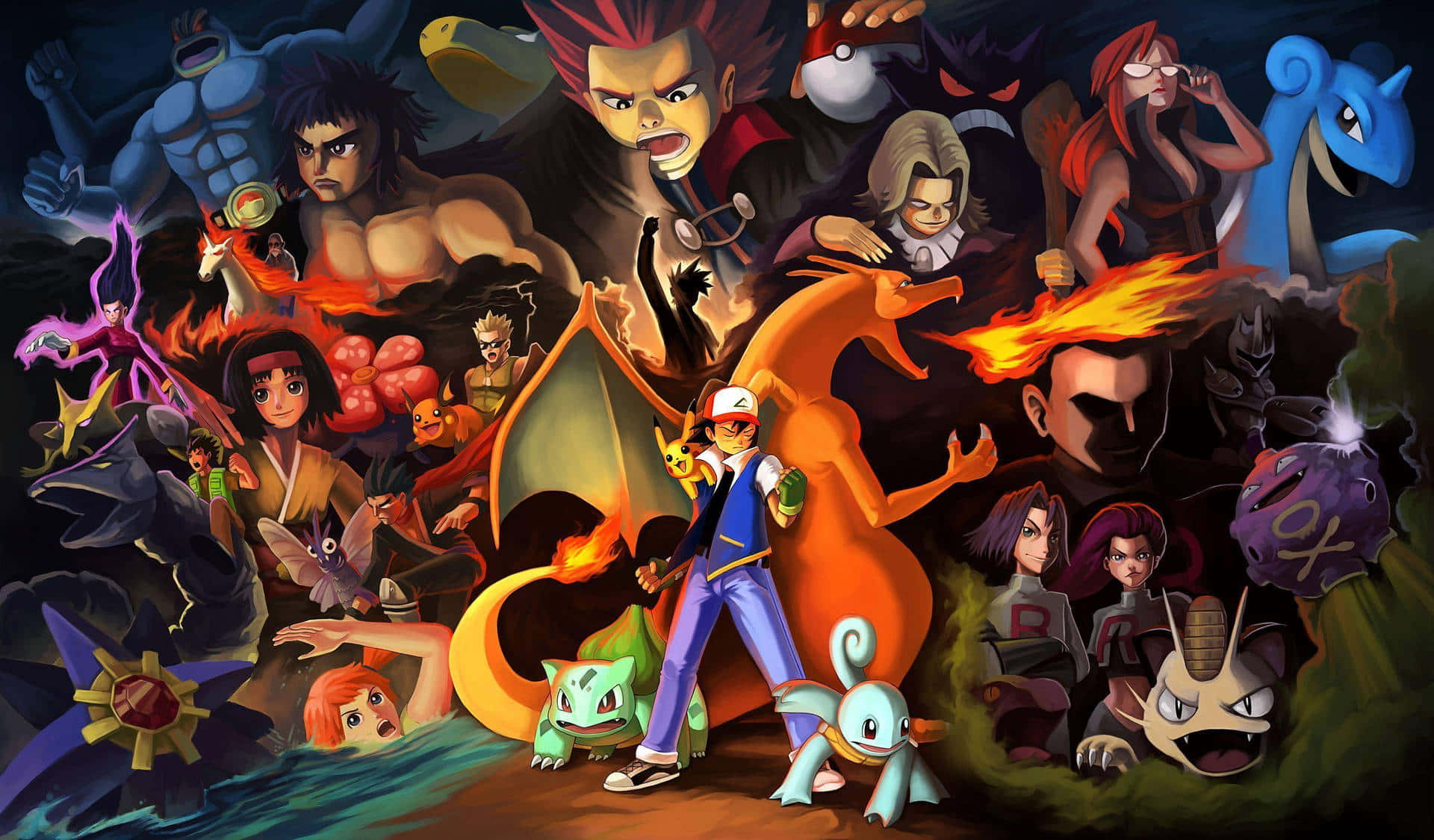 Pokemon Characters 桌布 壁紙 — 一幅動感十足的動漫拼貼畫，描繪寶可夢訓練家與寶可夢在黑暗風暴背景下展開激烈戰鬥。