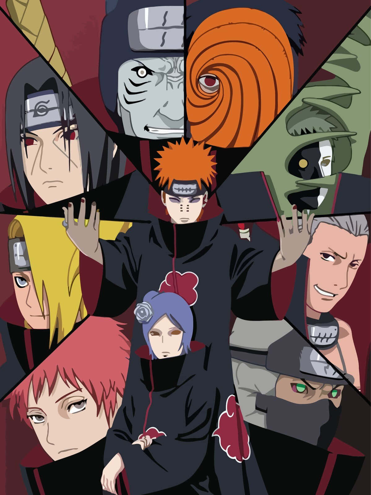 Akatsuki Drawing 桌布 壁紙 — 一幅動感十足的動漫拼貼畫，描繪曉組織成員，表情強烈，採用戲劇性的紅黑配色。