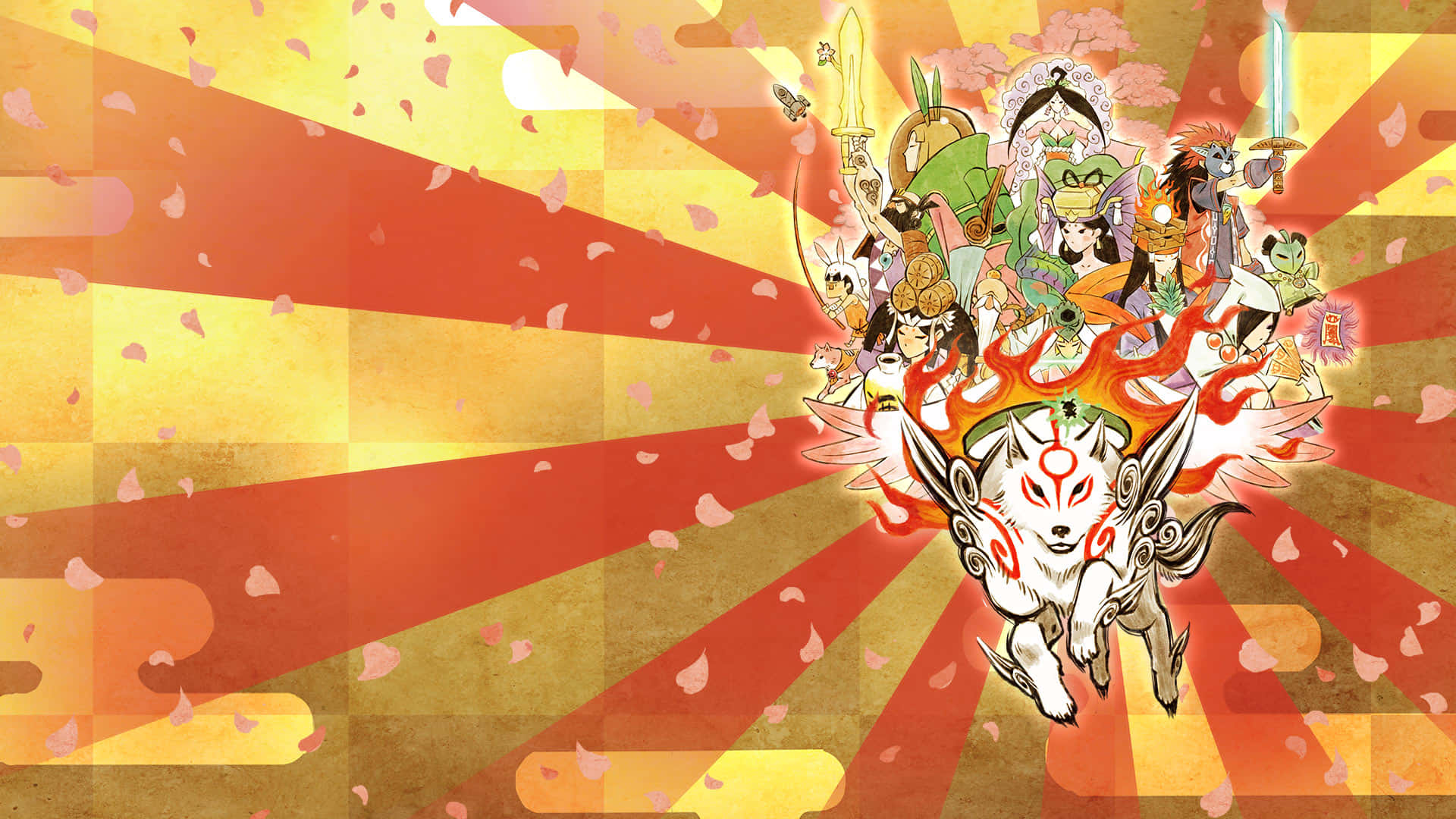 Okami HD 桌布 壁紙 — 一幅動感十足的動漫風格插圖，描繪一隻九尾狐被武士包圍，背景是燦爛的太陽爆發和飄落的櫻花。