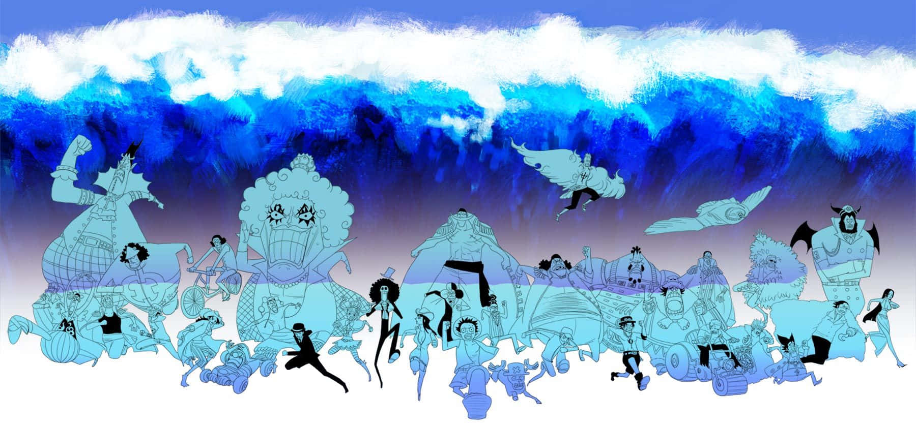 One Piece Enel 桌布 壁紙 — 一幅動感十足的動漫風格插圖，描繪眾多角色以剪影形式出現在巨大的藍色碎浪前。