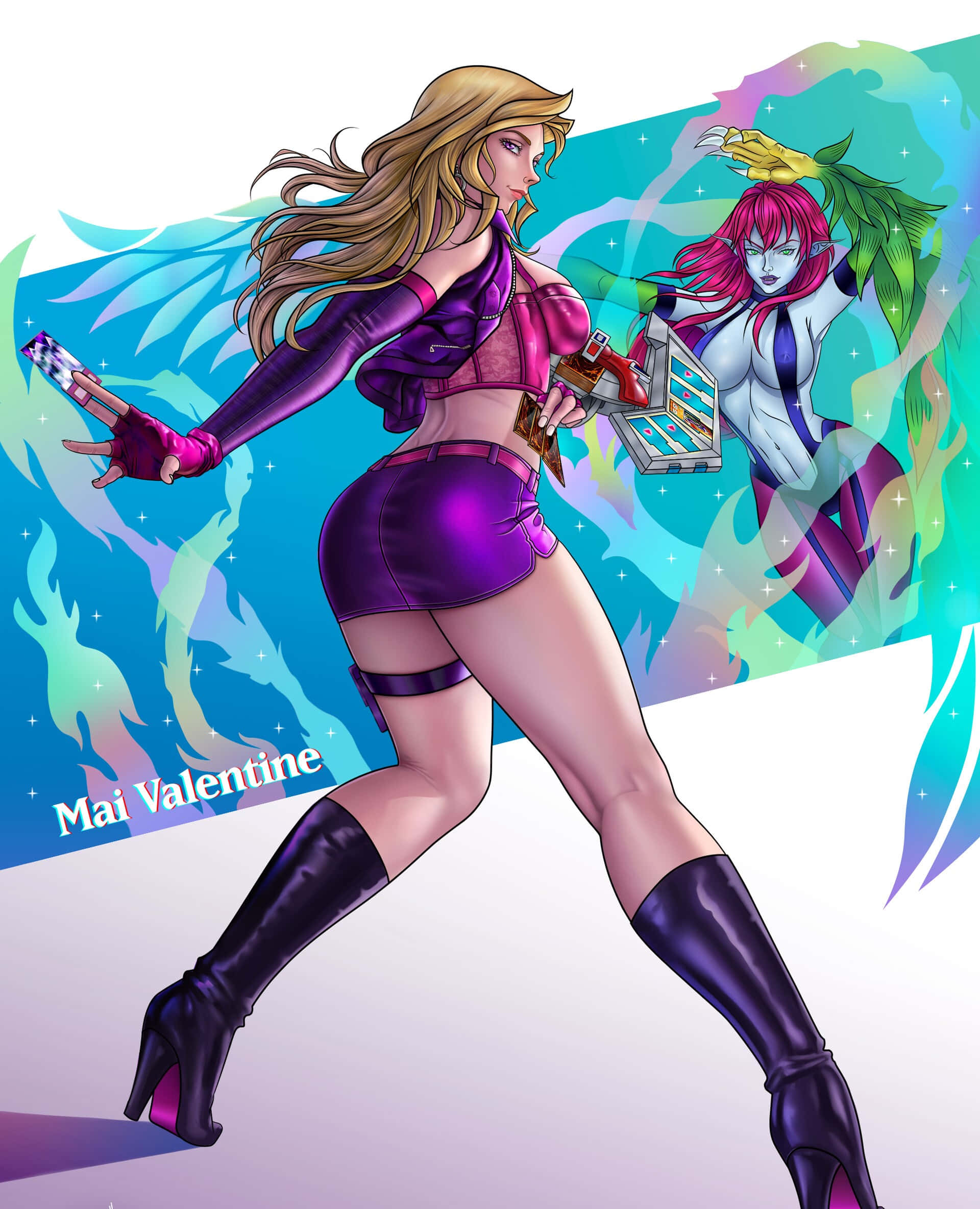 Mai Valentine 桌布 壁紙 — 一幅動感十足的動漫風格插圖，描繪了身穿紫色服裝的瑪伊·瓦倫丁在充滿活力的宇宙背景下揮舞武器。