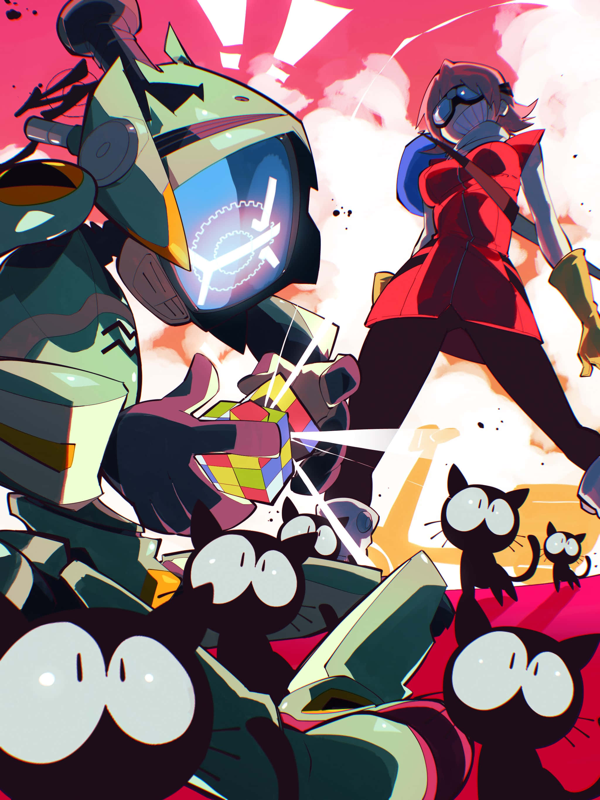 Flcl Canti 桌布 壁紙 — 一幅動感十足的動漫風格插圖，描繪一個機器人和一個女孩與魔術方塊搏鬥，周圍環繞著黑貓。