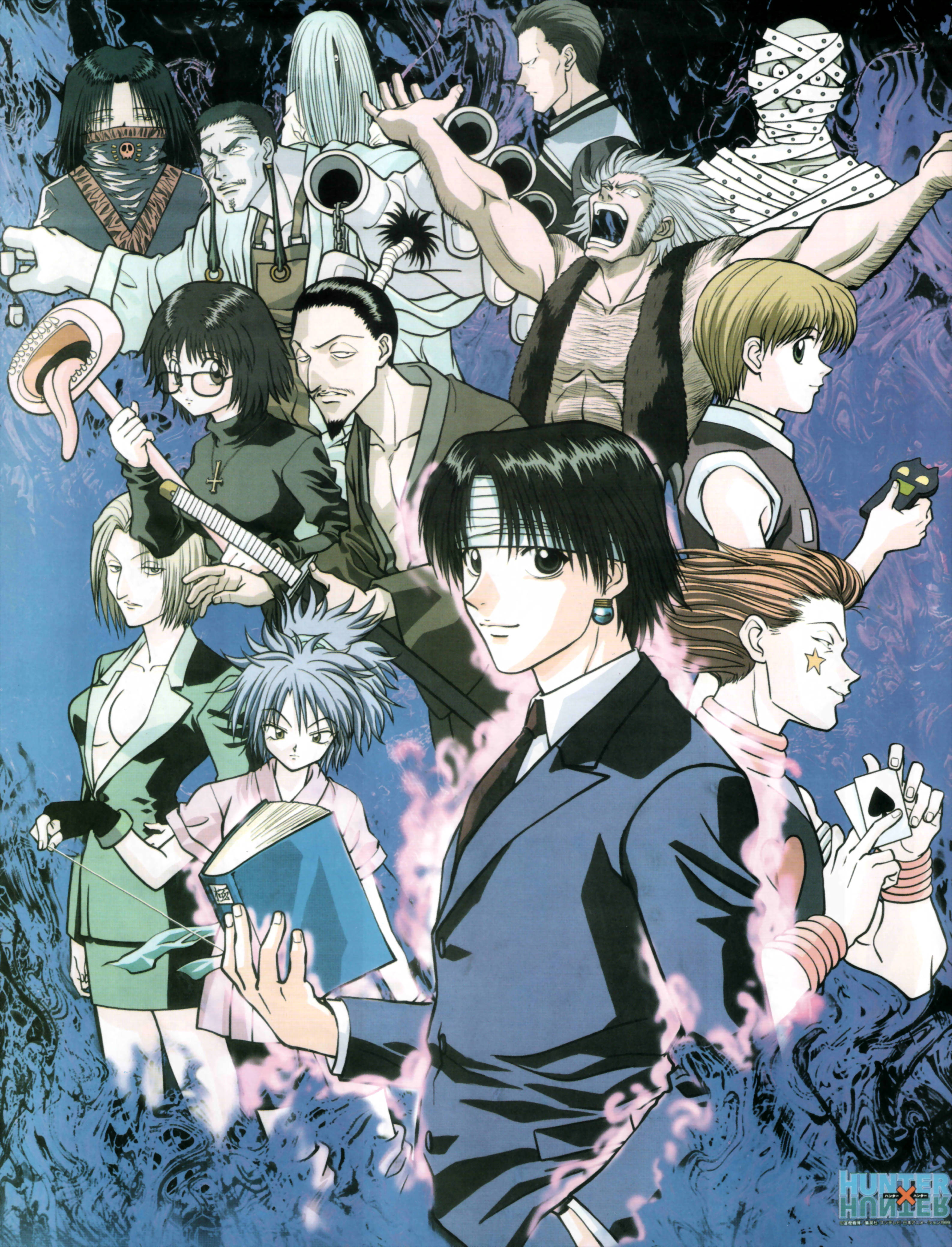 phantom 桌布 壁紙 — 一幅動感十足的動畫拼貼畫，描繪《Hunter x Hunter》角色在旋轉的藍色和紫色背景前擺出戲劇性姿勢。