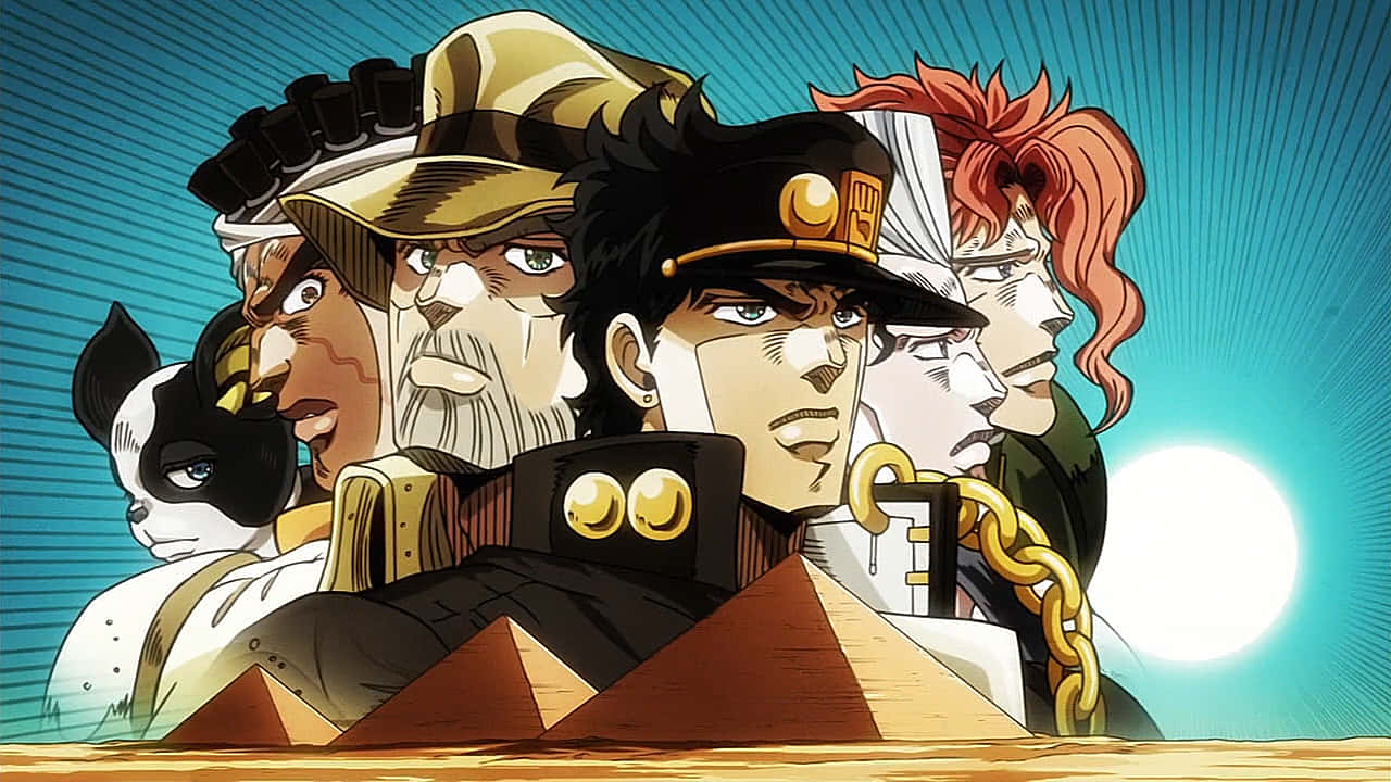 Jojo Manga 桌布 壁紙 — 一幅動感十足的動畫群像，描繪了五個角色和一隻狗，背景是燦爛的藍色太陽光輝。