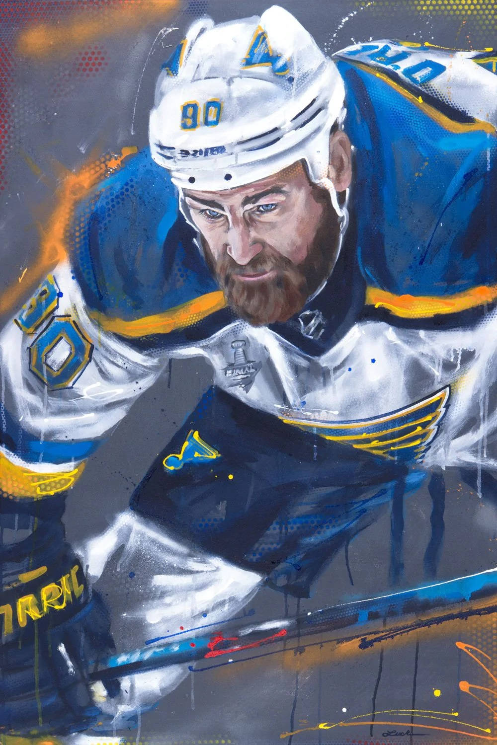 hockey 桌布 壁紙 — 一幅動感十足的數位藝術肖像，描繪一位留鬍子的冰上曲棍球運動員，身穿藍白裝備，背號90，以富有表現力的筆觸捕捉其動作瞬間。