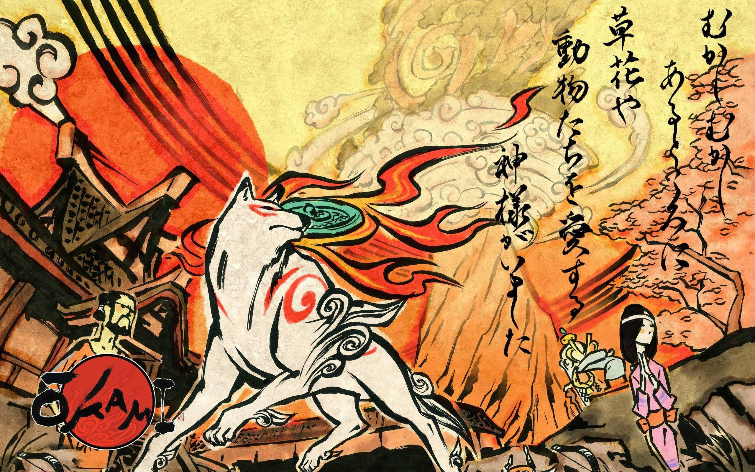 Kitsune 桌布 壁紙 — 一幅動感十足的日式插畫，描繪一隻帶有紅色標記的白狐靈在火焰雲和傳統建築之間跳躍。