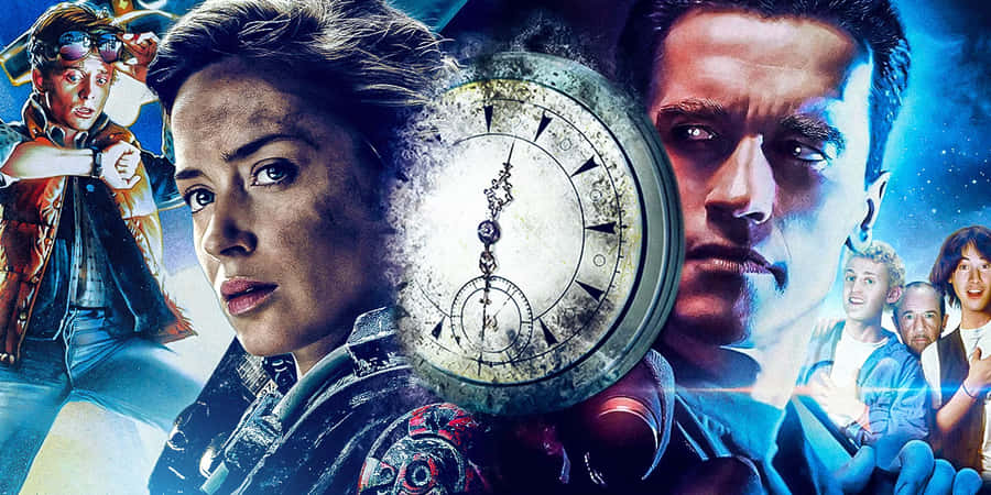 Time Travel 桌布 壁紙 — 一幅動感十足的科幻拼貼畫，以標誌性角色和發光時鐘為特色，背景是宇宙藍色。