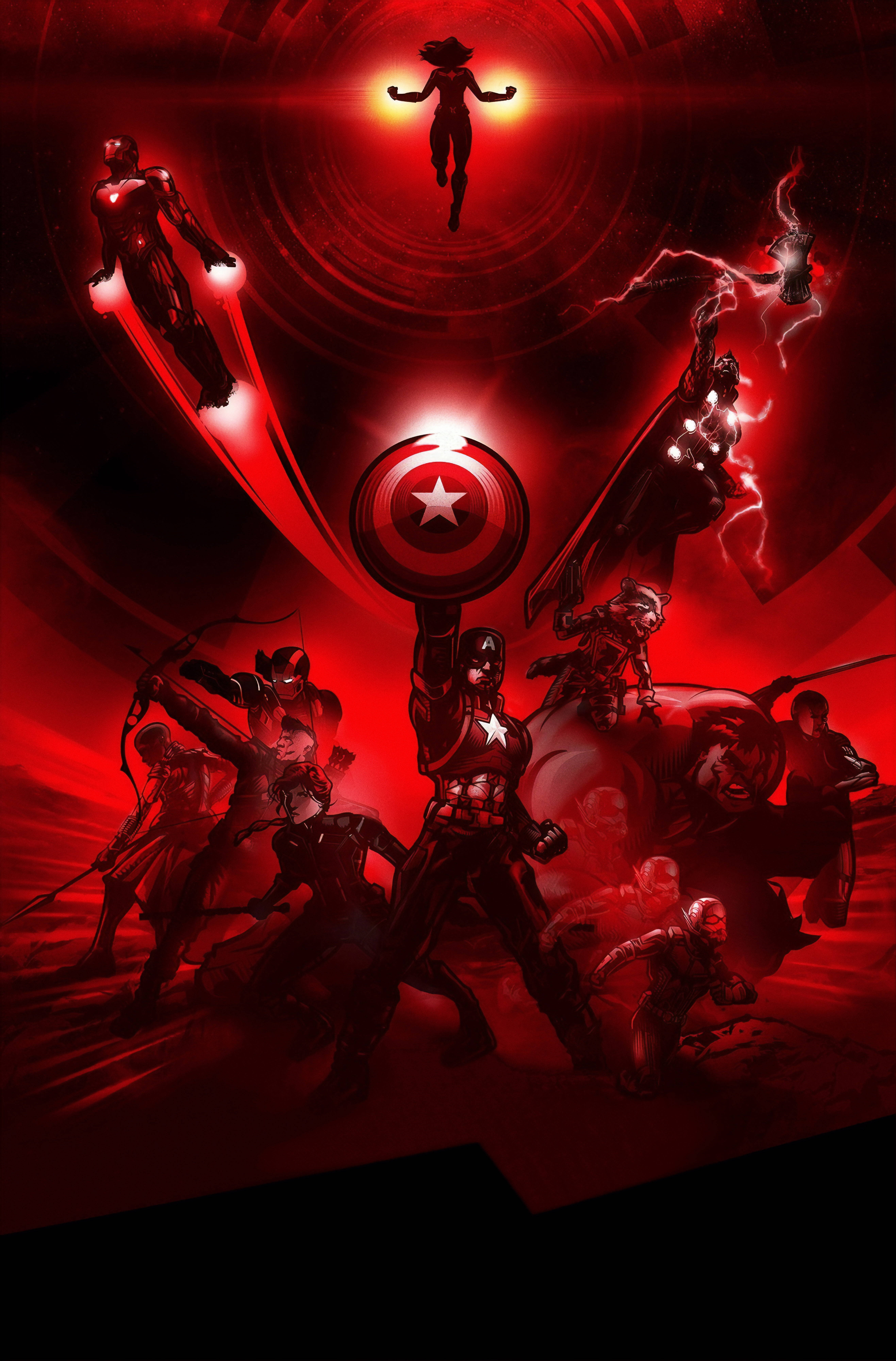 Best Avengers 桌布 壁紙 — 一幅動感十足的紅色調漫畫插圖，描繪美國隊長帶領一隊超級英雄進行戲劇性的戰鬥場景。
