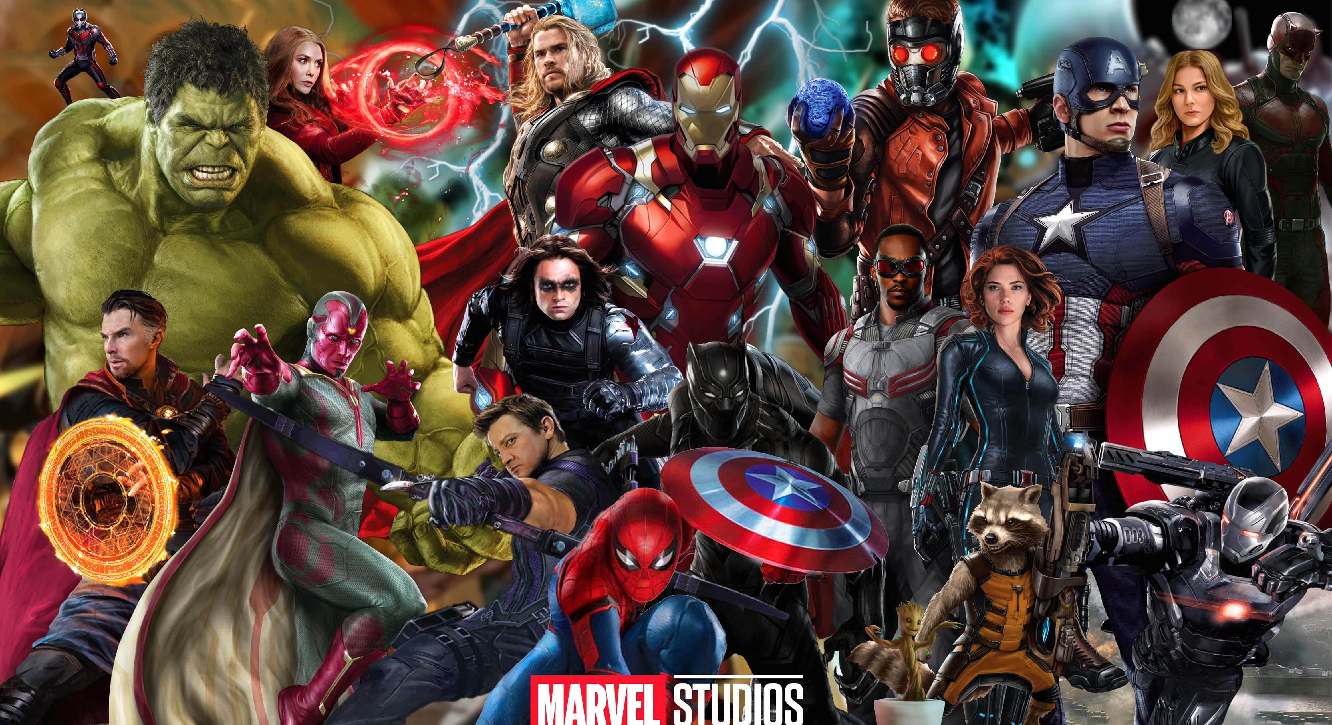 復仇者聯盟 桌布 壁紙 — 一幅動感拼貼畫，Marvel 超級英雄與反派在宇宙背景下以英雄姿態擺出姿勢。
