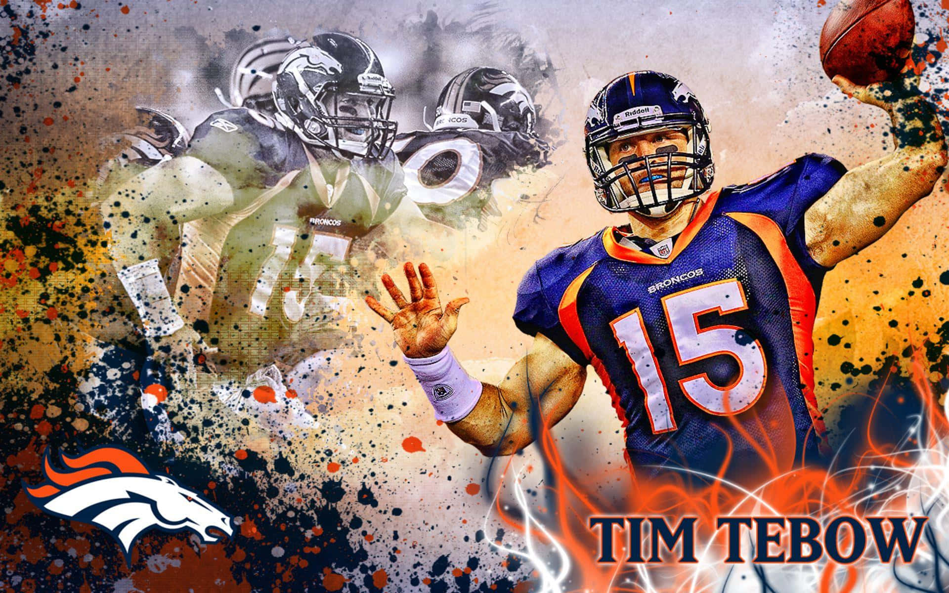 Tim Tebow 桌布 壁紙 — 一幅動感數位藝術桌布，描繪身穿丹佛野馬隊球衣的Tim Tebow正在投球，身後有火熱的橙色飛濺和鬼影般的動作剪影。